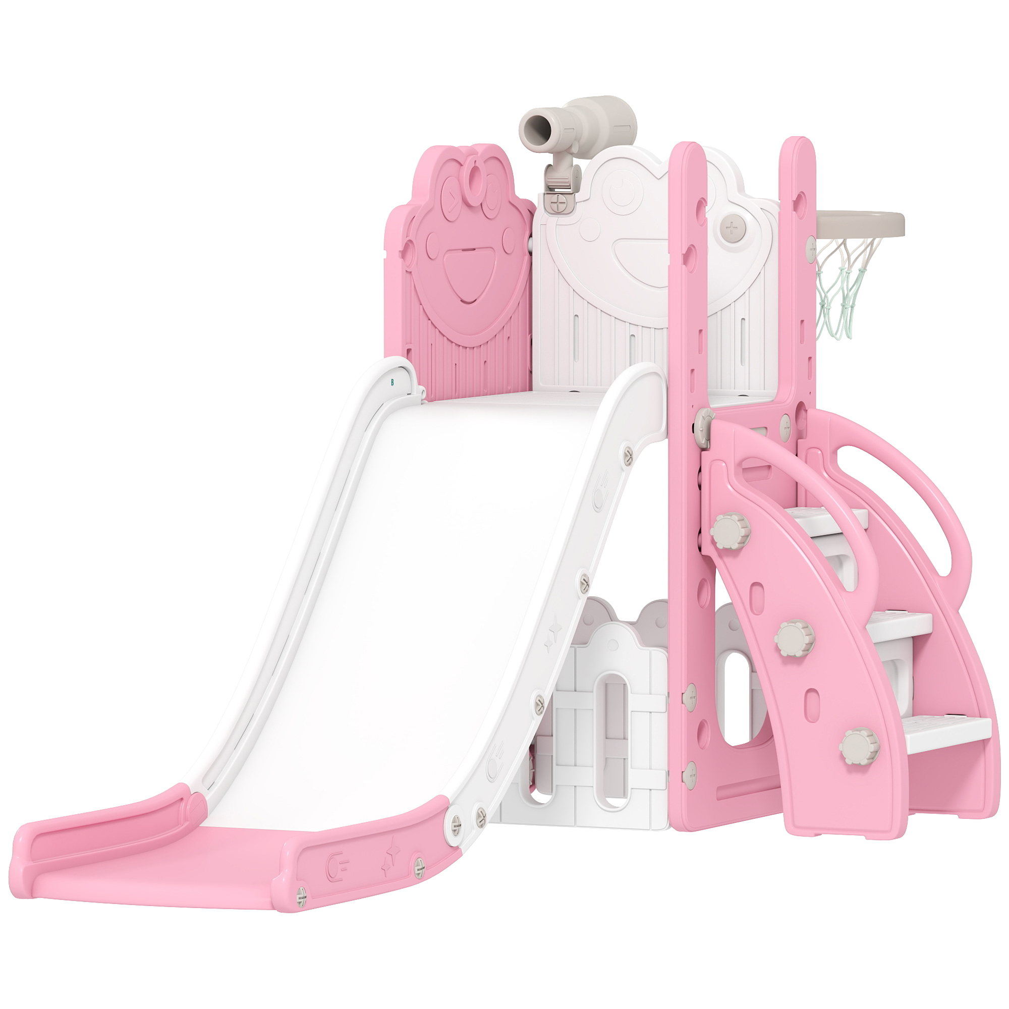 AIYAPLAY Kinderrutsche 5 in 1 Indoor und Outdoor Babyrutsche mit Basketballkorb, Klettergerüst, Spielteleskope, Stauraum, Frosch-Motiv Spielplatz für Kleinkinder 1-3 Jahre, Rosa Aosom