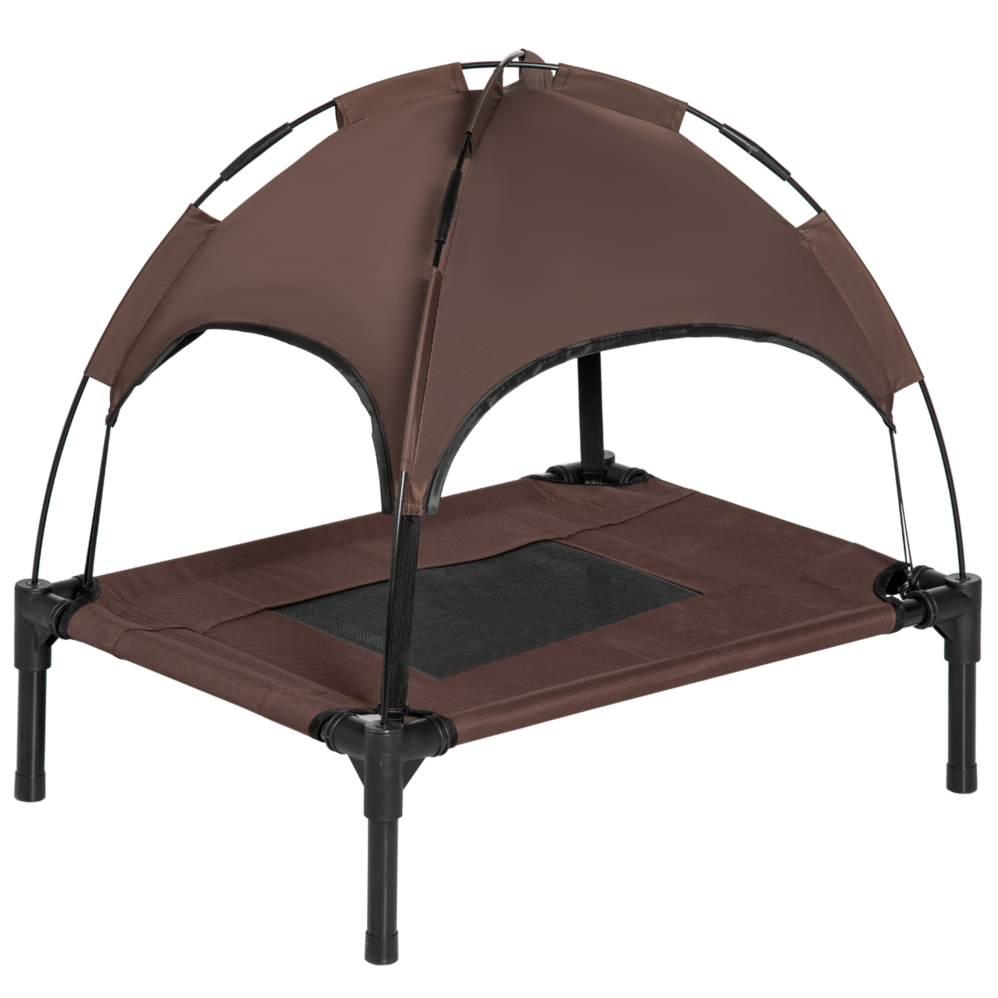 PawHut Haustierbett Outdoor mit Baldachin Erhöhtes Hundebett, Atmungsaktiver Taftstoff, Kaffee, 61x46x62cm Aosom