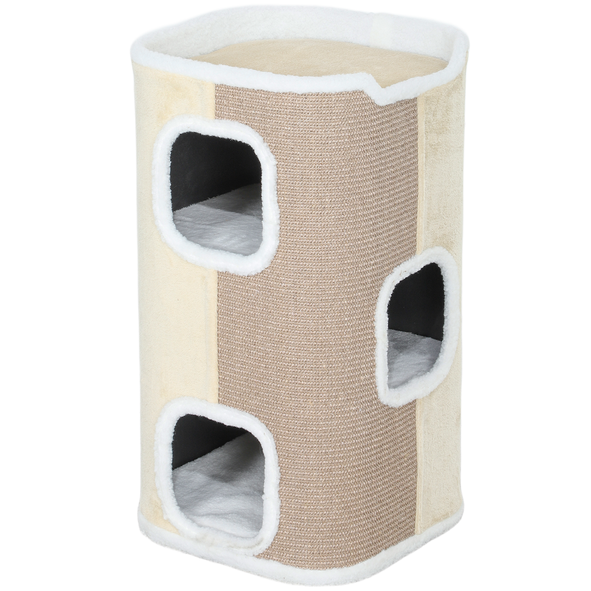 PawHut Kratztonne für Katzen Katzenkratzbaum 3 Ebenen Katzenbaum Kletterbaum für Katzen Katzenmöbel Spanplatte samtartiges Polyester Sisal Beige 40 x 40 x 74 cm Aosom