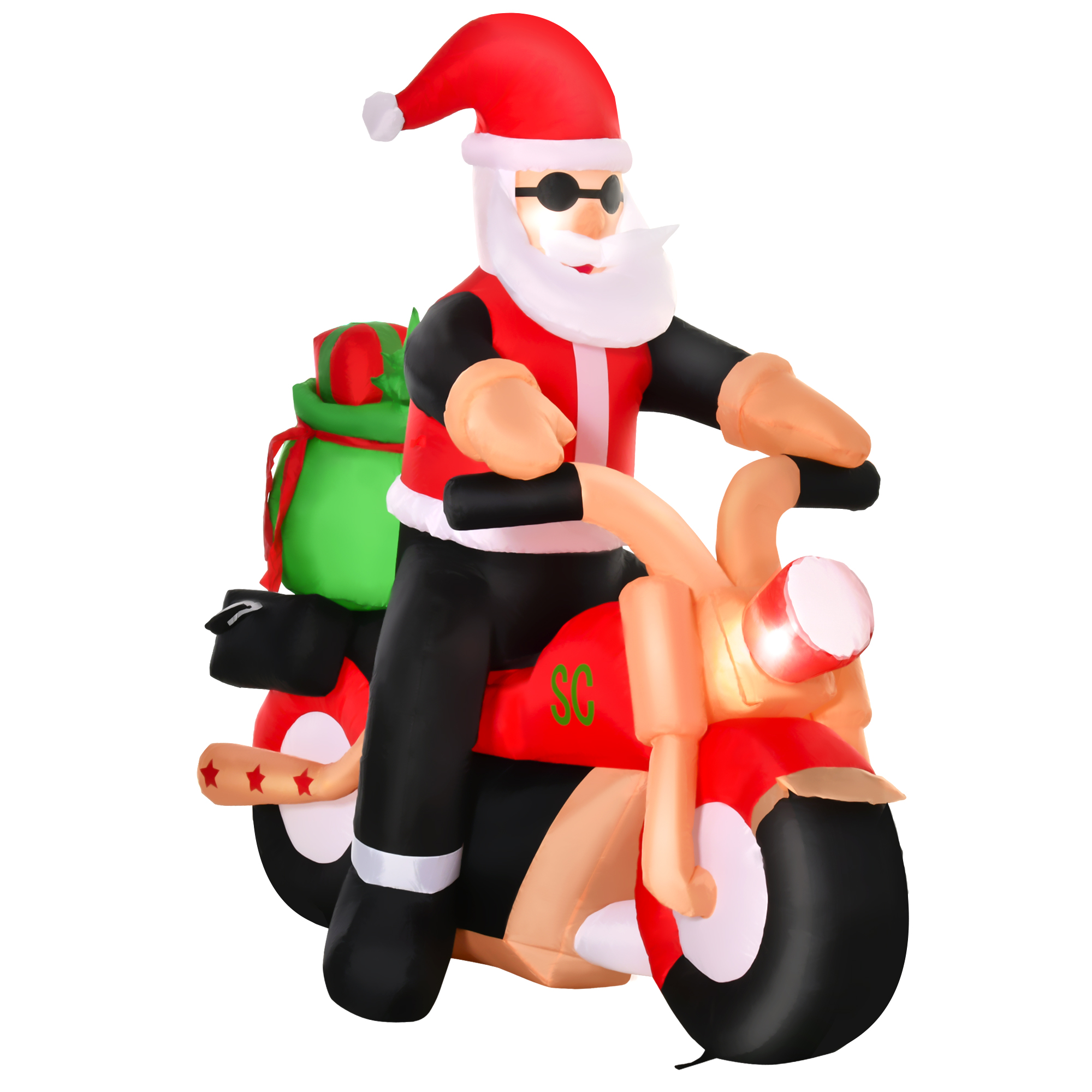 HOMCOM Aufblasbarer Weihnachtsmann auf einem Motorrad 150 cm LED mit Gebläse Weihnachts-Party Weihnachtsdekoration Polyester Weiß+Rot+Grün Aosom