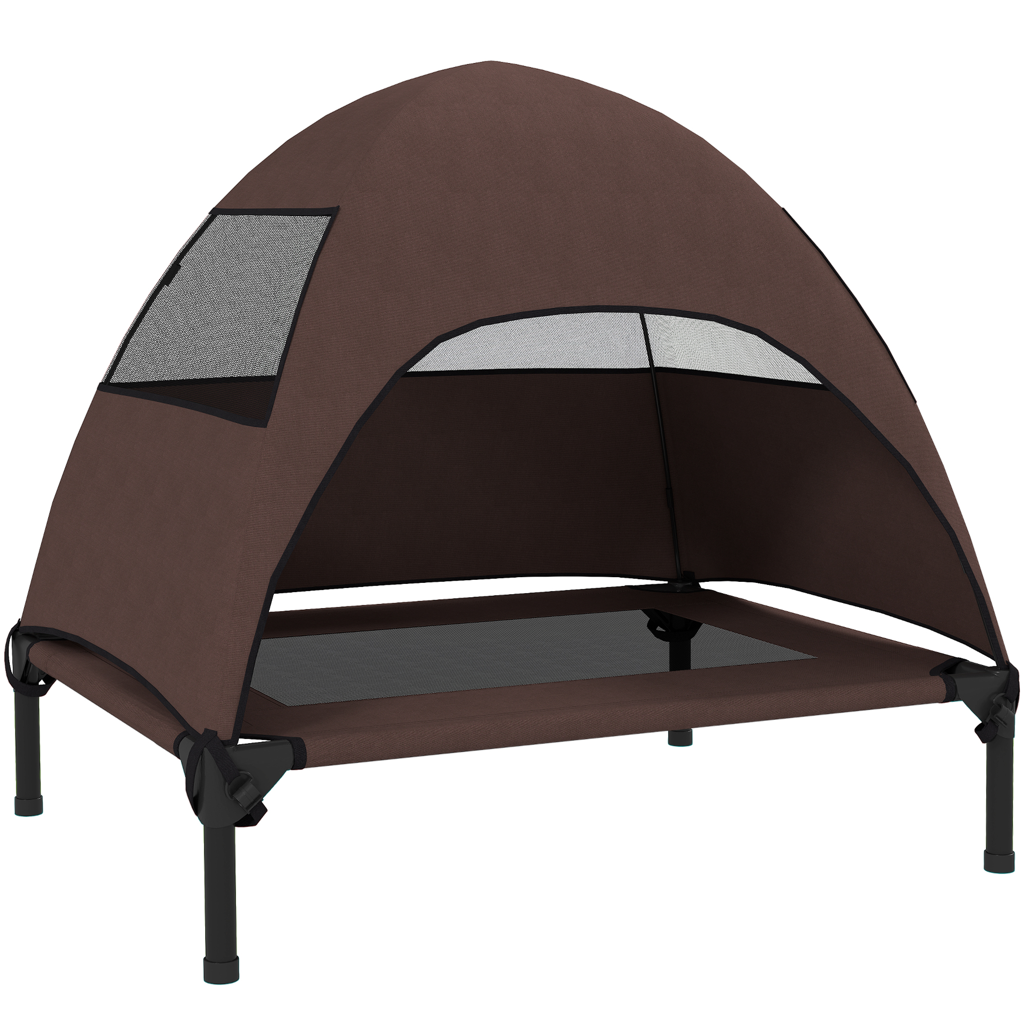 PawHut Hundeliege Outdoor mit Dach, Erhöhtes Hundebett für Mittelgroße Hunde, Kühlendes Haustierliege mit Waschbares Mesh Metallrahmen Tragtasche, Haustierbett für Draußen Camping 76x61x71cm, Kaffee Aosom
