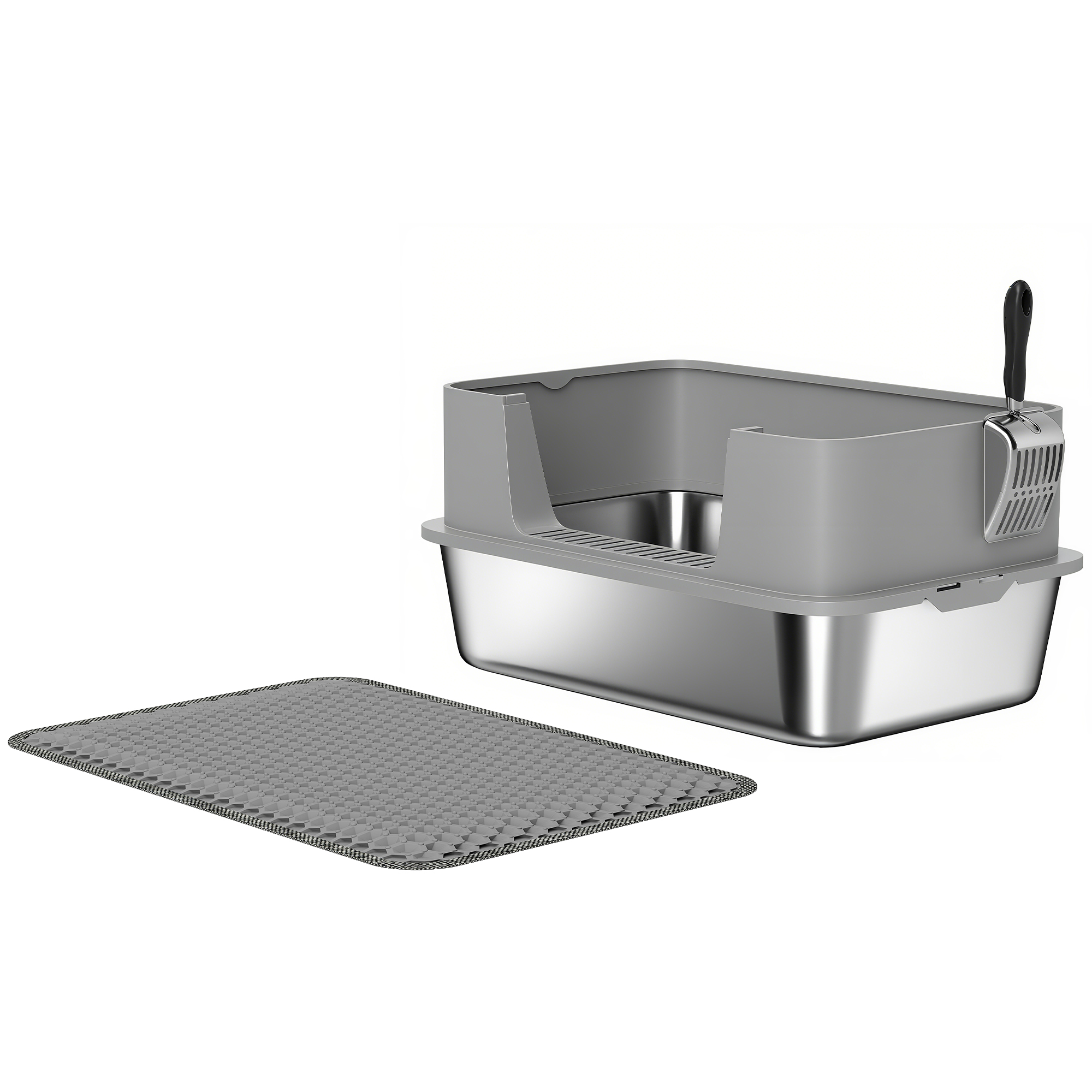 PawHut Katzentoilette Edelstahl Offene Katzenklo ohne Deckel Katzentoilette mit Schaufel hohem Rand Matte XXL Cat Litter Box für große Katzen bis 7 kg 60,2 x 40,2 x 29,5 cm, Grau   Aosom