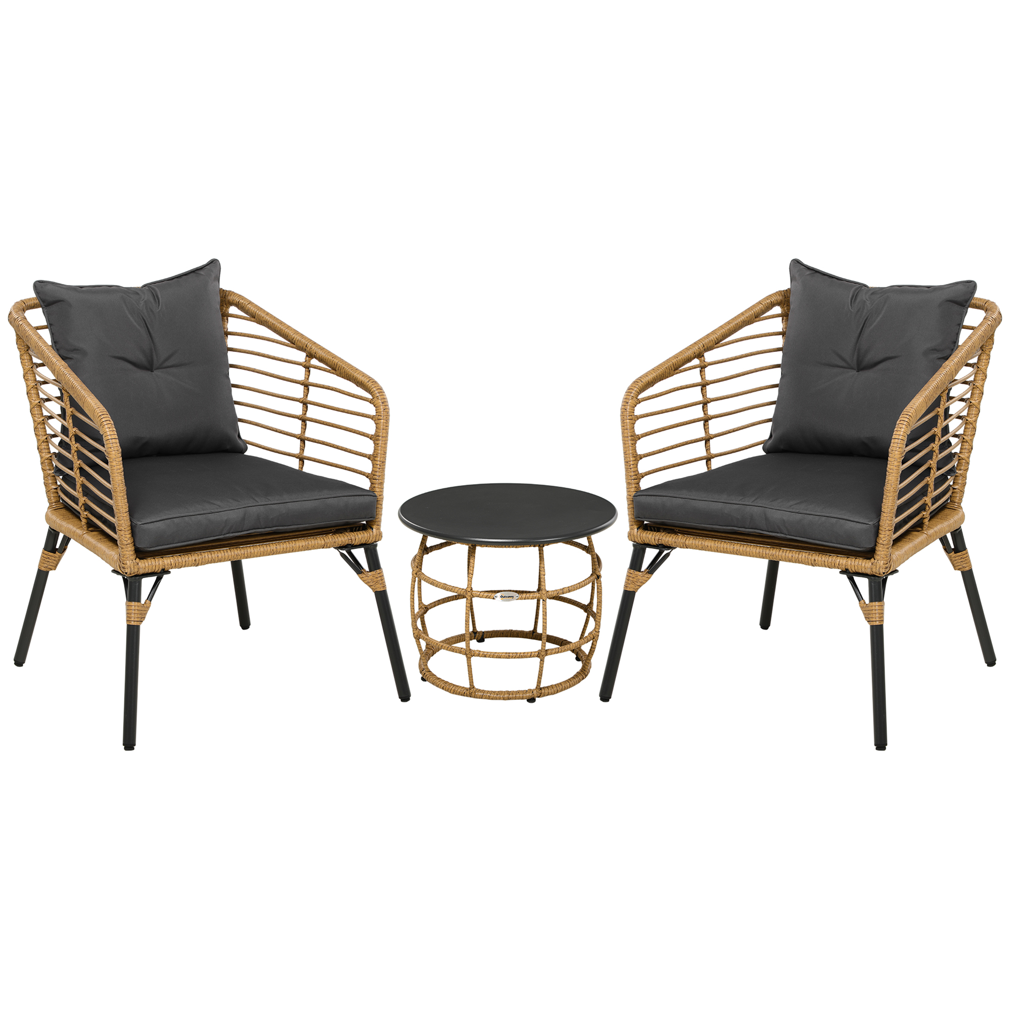 Outsunny Rattan Gartenmöbel-Set, 3-TLG. Sitzgruppe, inkl. Couchtisch und 2 Stühle, Bistro-Set mit Kissen, Balkonmöbel, Sand+Dunkelgrau Aosom
