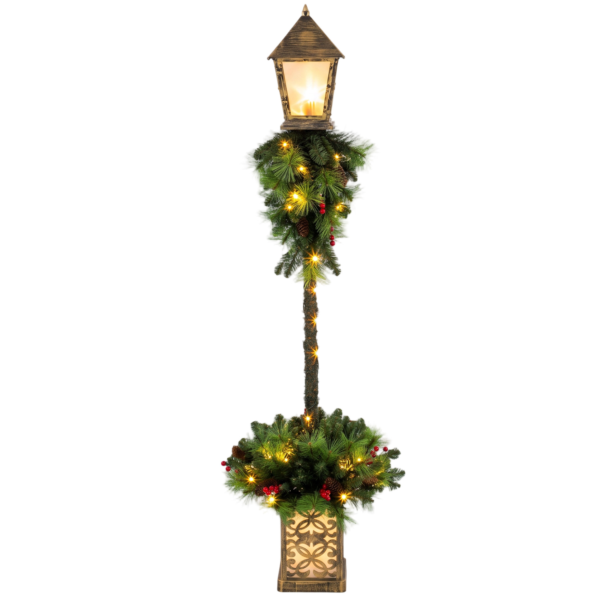Outsunny Weihnachts-Straßenlaterne, 150 cm Wegleuchte mit 50 Warmweißen LEDs, 159 PVC-Zweigspitzen, Roten Beeren, Tannenzapfen, Weihnachtsdeko für Außenbereich, Haustür und Veranda   Aosom