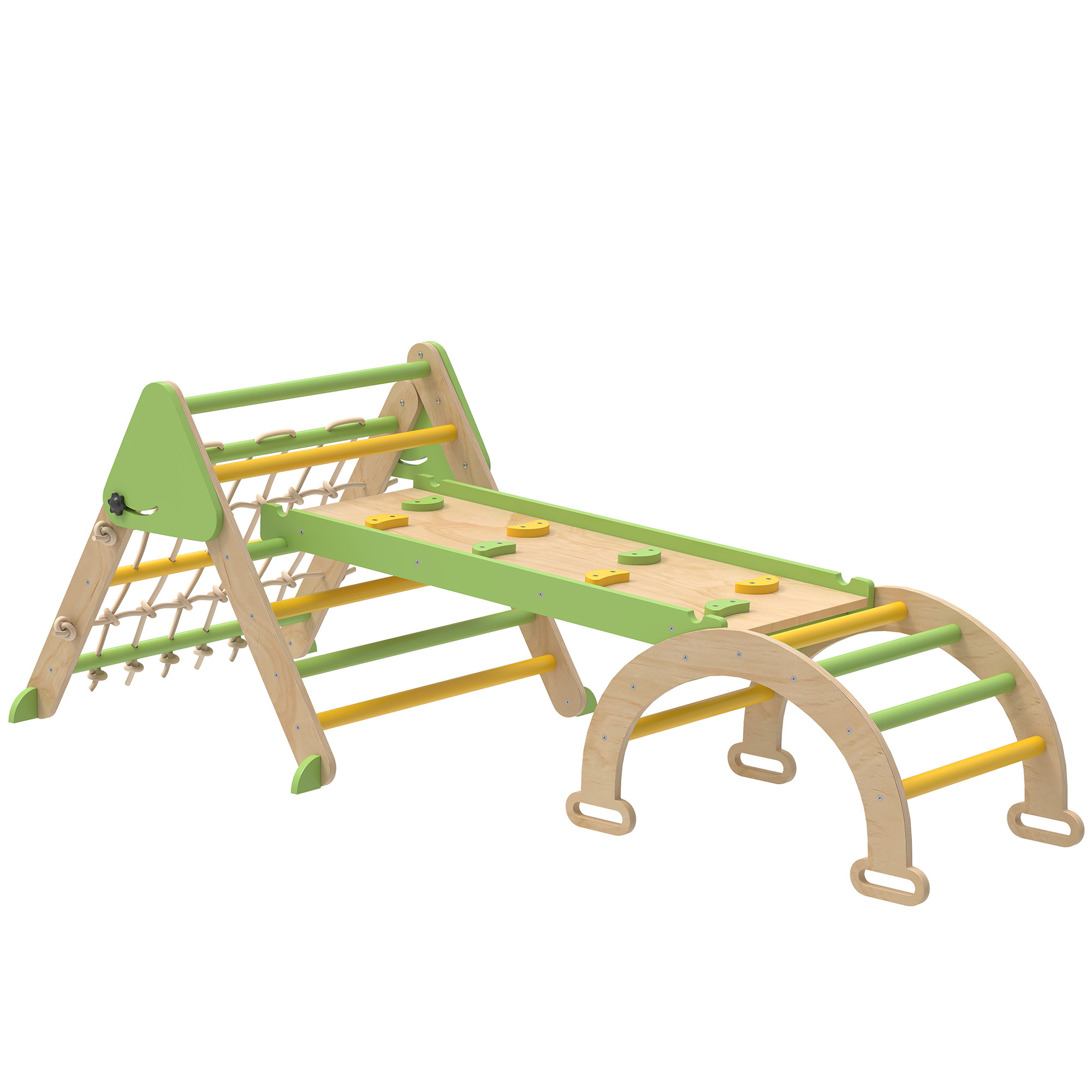 AIYAPLAY 8-in-1 Montessori Klettergerüst Indoor Holz Kletterdreieck mit Kletterbogen, doppelseitiger Rutsche Indoor Spielplatz für Kleinkinder und Kinder 1,5-4 Jahre, Grün Aosom