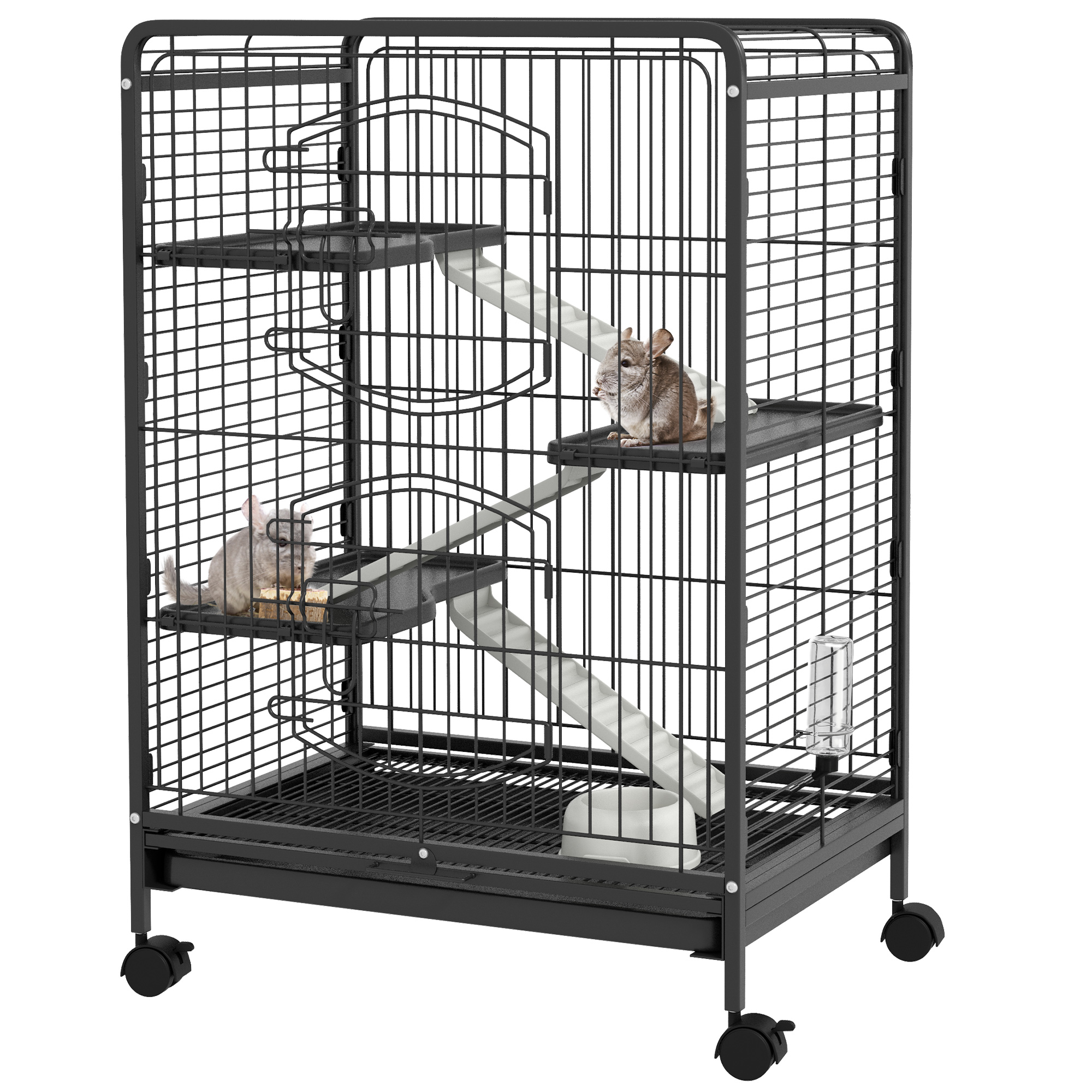 PawHut Kleintierkäfig rollbarer Nagerkäfig 3-stöckiger Tierkäfig mit Hängematten 2 Türen Metall 64 x 43,5 x 93 cm Aosom