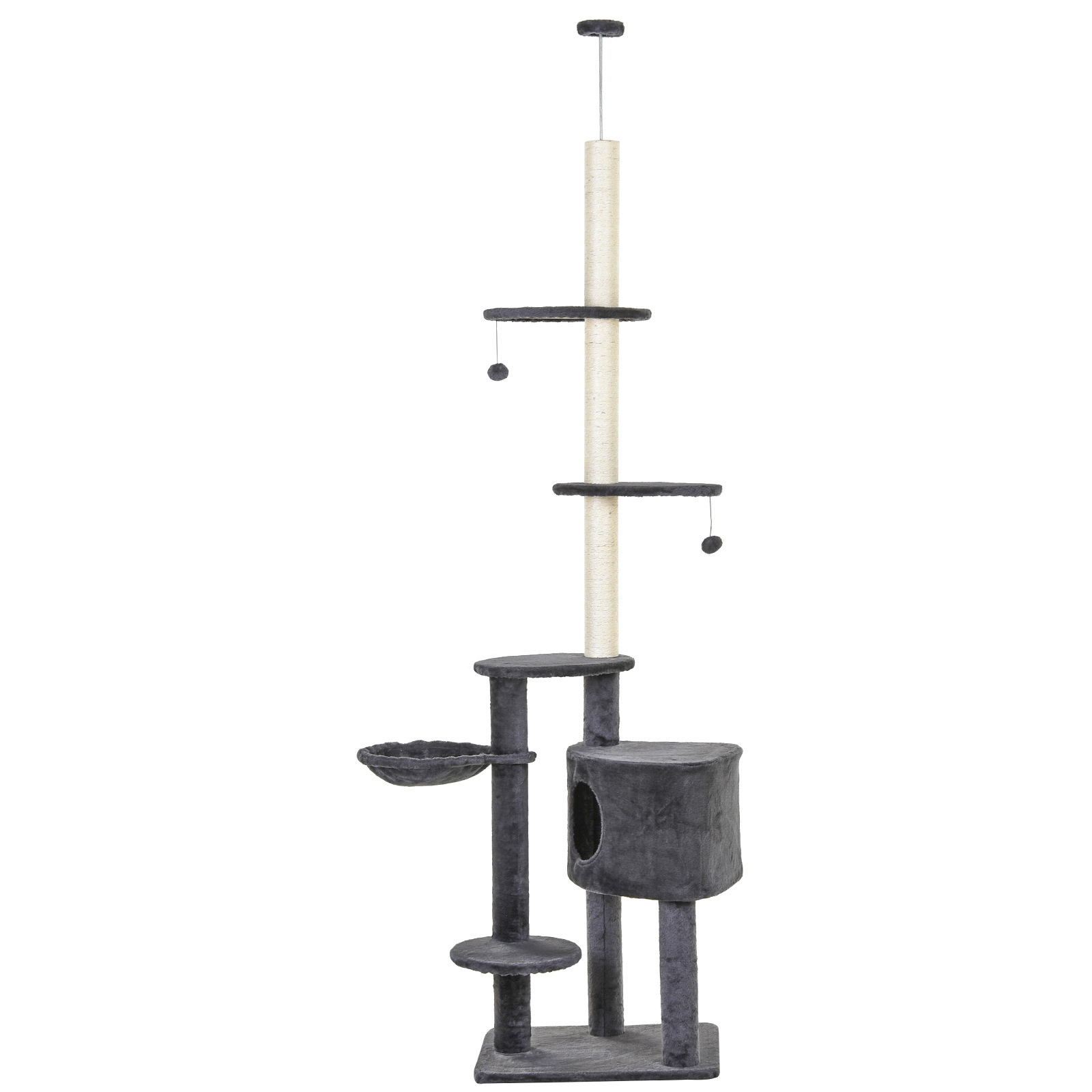 PawHut Kratzbaum höhenverstellbar H220-265 cm, belastbar bis 30 kg, Katzenbaum mit Sitzstangen, Spielball & Seitenbett, dunkelgrau Aosom.de