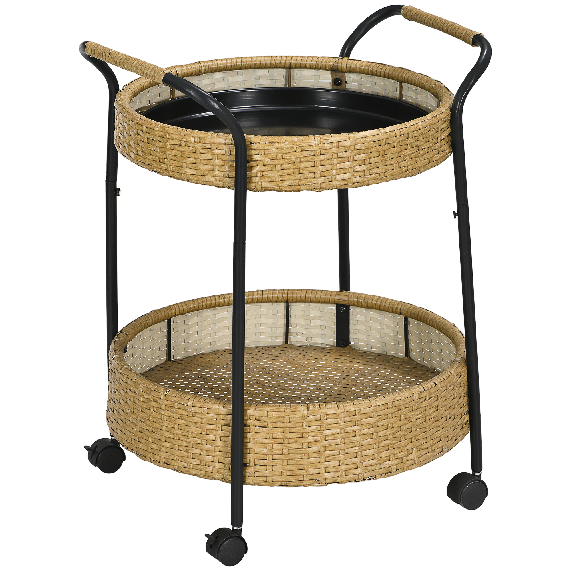Outsunny Servierwagen, Φ50 x 66 cm, Rattan Trolley mit 2 Regalen, Gartenrollwagen, Runde Küchenwagen mit Griffen, Outdoor Barwagen, Natur Aosom