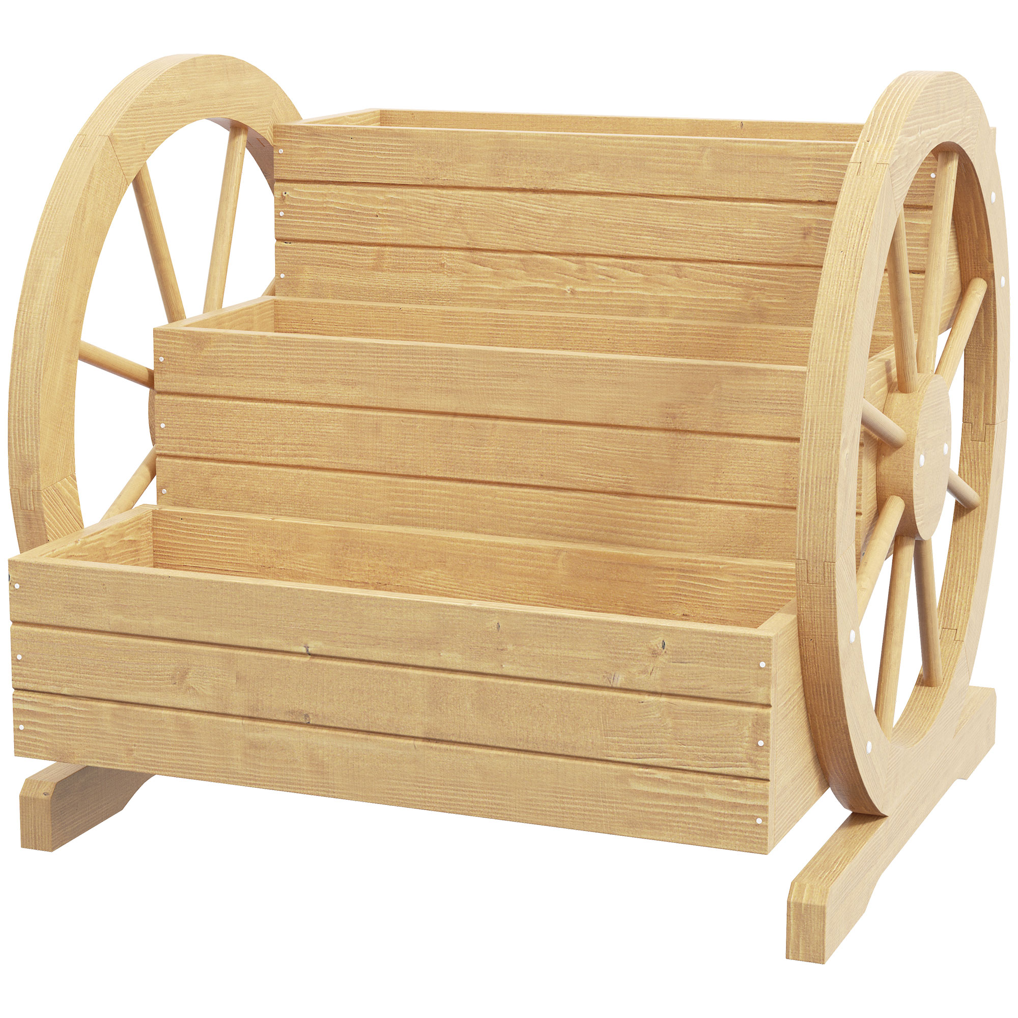 Outsunny Hochbeet aus Holz, Blumenkasten mit 3 Etagen, Gemüsebeet mit Wagenrad-Dekor, Kräuterbeet mit Entwässerungslöchern für Garten, Balkon, Naturholz, 61 x 62 x 57 cm Aosom