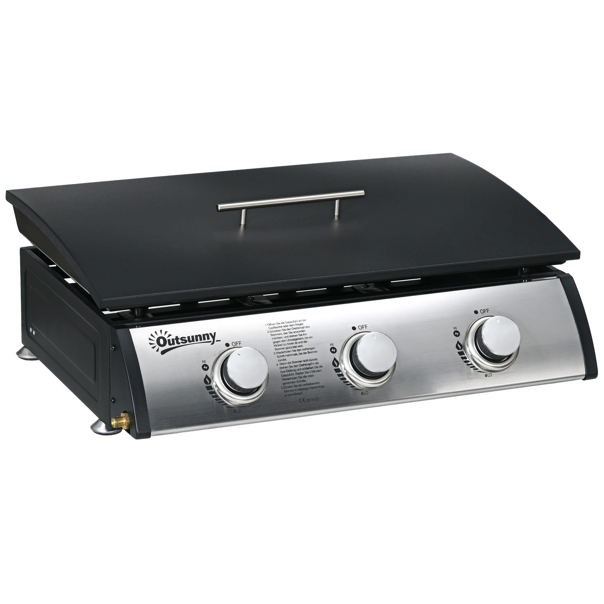 Outsunny Gasgrill, Tischgrill BBQ mit 3 Brennern, Tischgasgrill mit Schlauch, Deckel, Campinggrill für Garten, Edelstahl, Metall, Schwarz, 63 x 47 x 25 cm Aosom