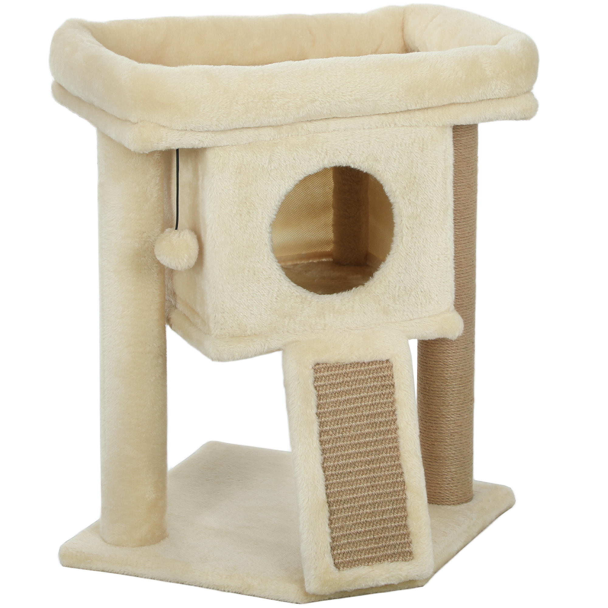 PawHut Kratzbaum 57 cm Kleiner Katzenbaum mit Katzenhöhle, Liegeplattform, Katzenkratzbaum mit Kratzbrett, Spielball, Katzenmöbel für Katzen bis 5 kg, Beige Aosom