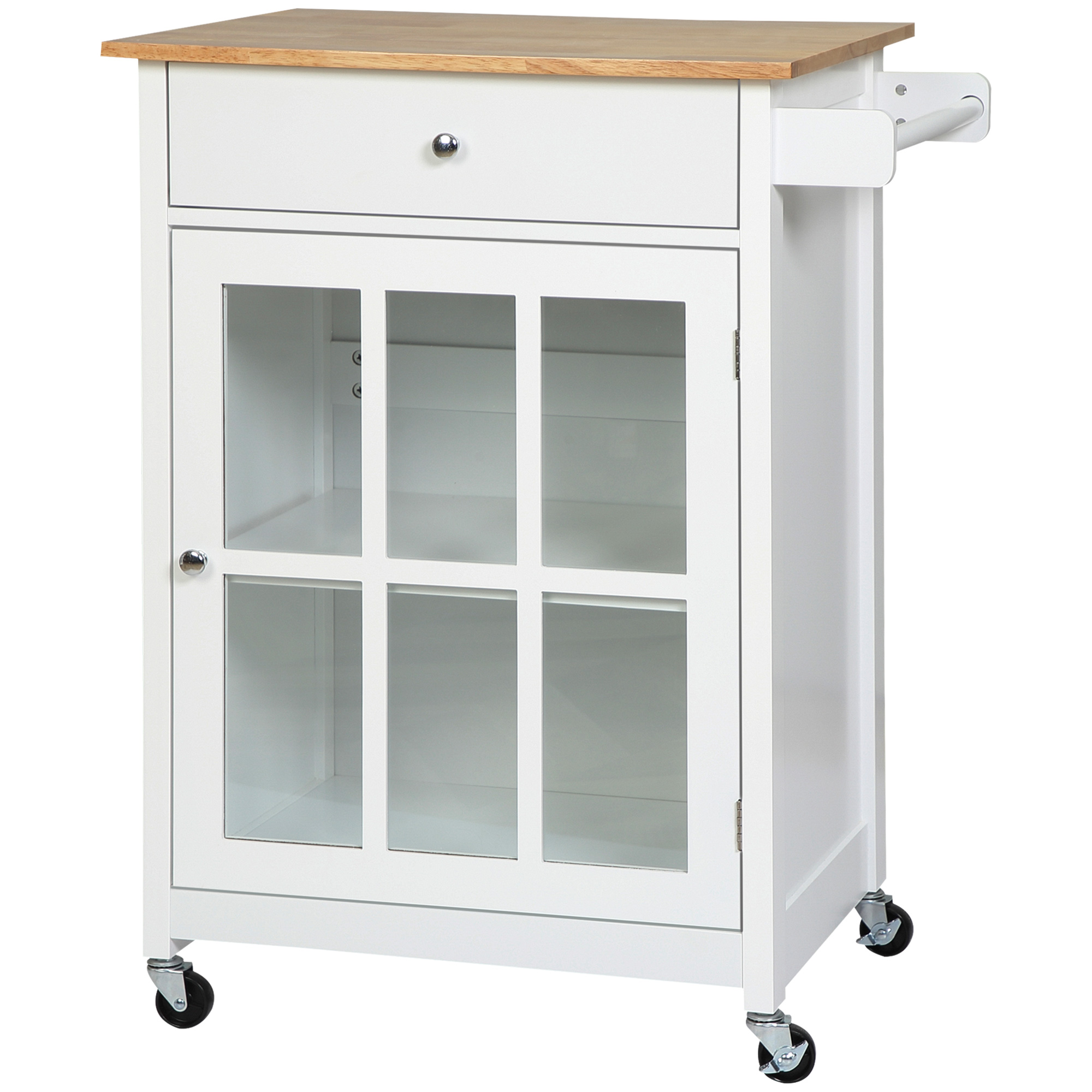 HOMCOM Küchenwagen Küchenrollwagen Servierwagen mit Räder Schublade Weinablage MDF Gummiholz Weiß+Eiche 67 x 48 x 86,5 cm Aosom