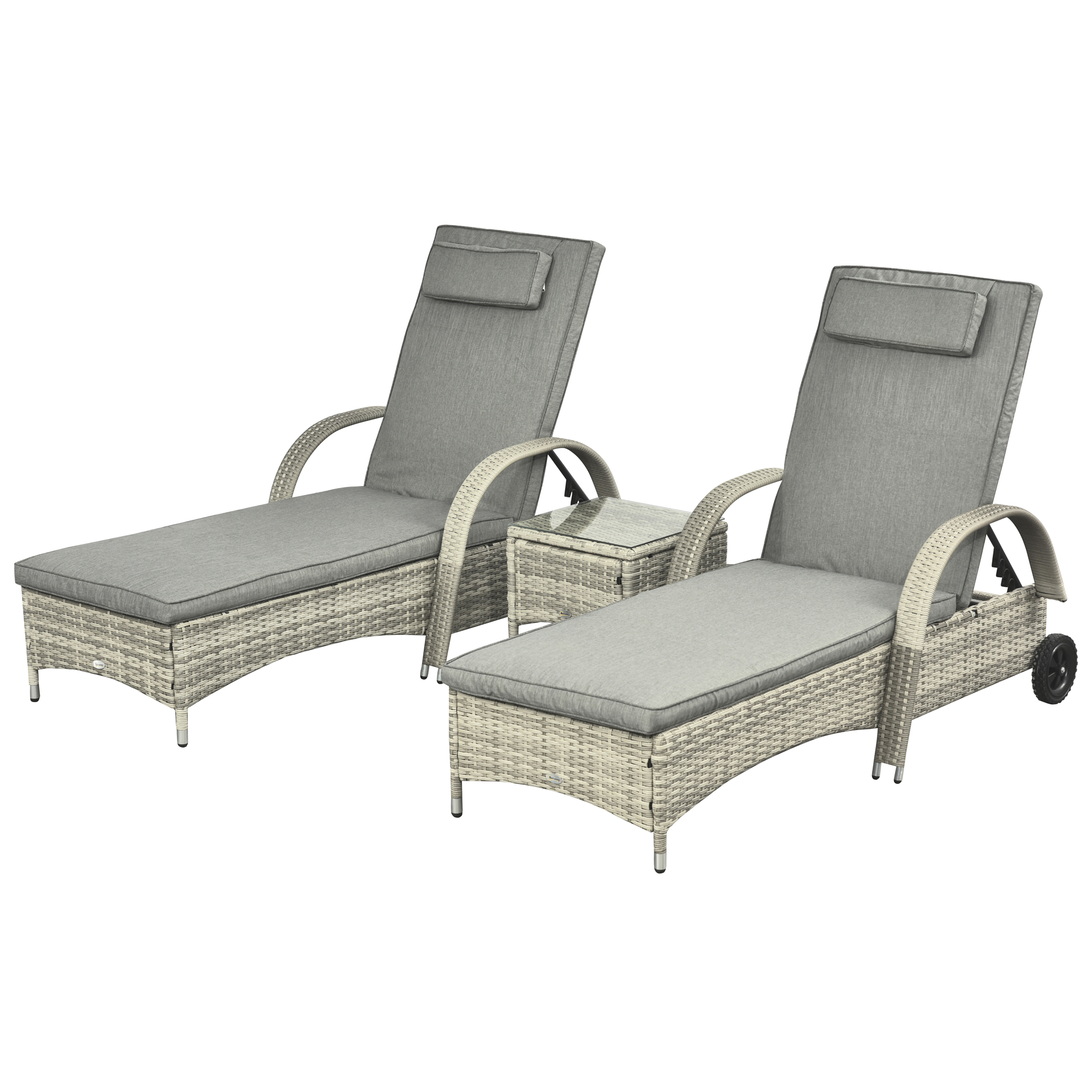 Outsunny Sonnenliege mit Tisch 3er-Set Gartenmöbel Polyrattan Metall Gartenliege Grau für Terrasse & Balkon Aosom.de