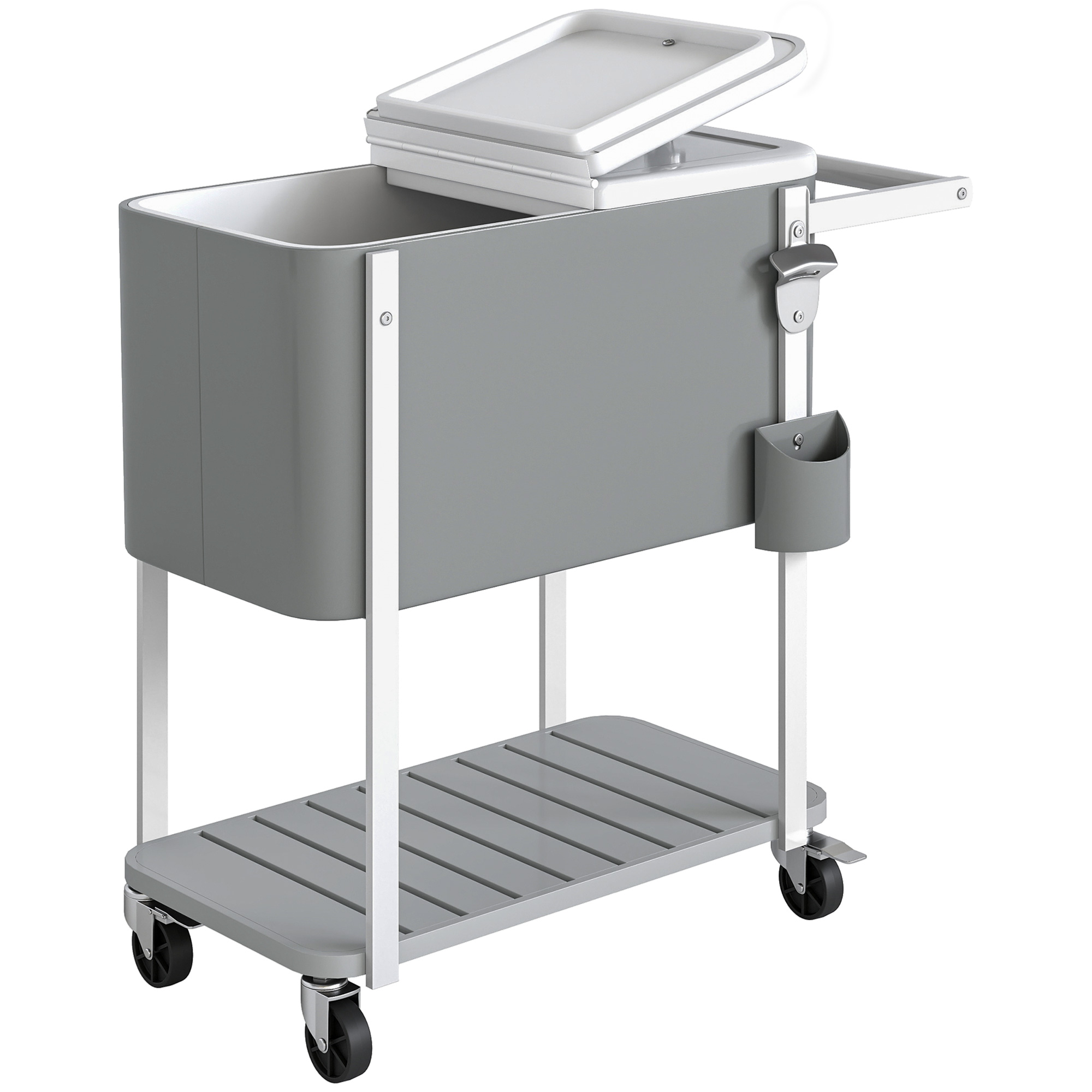 Outsunny Kühlwagen mit 56L Kapazität Servierwagen mit Rollen, Flaschenöffner, unterer Ablage, Griff mobiler Getränkewagen, Kühlbox, Getränkekühler, Beistellwagen für Outdoor Party & BBQ, Grau Aosom