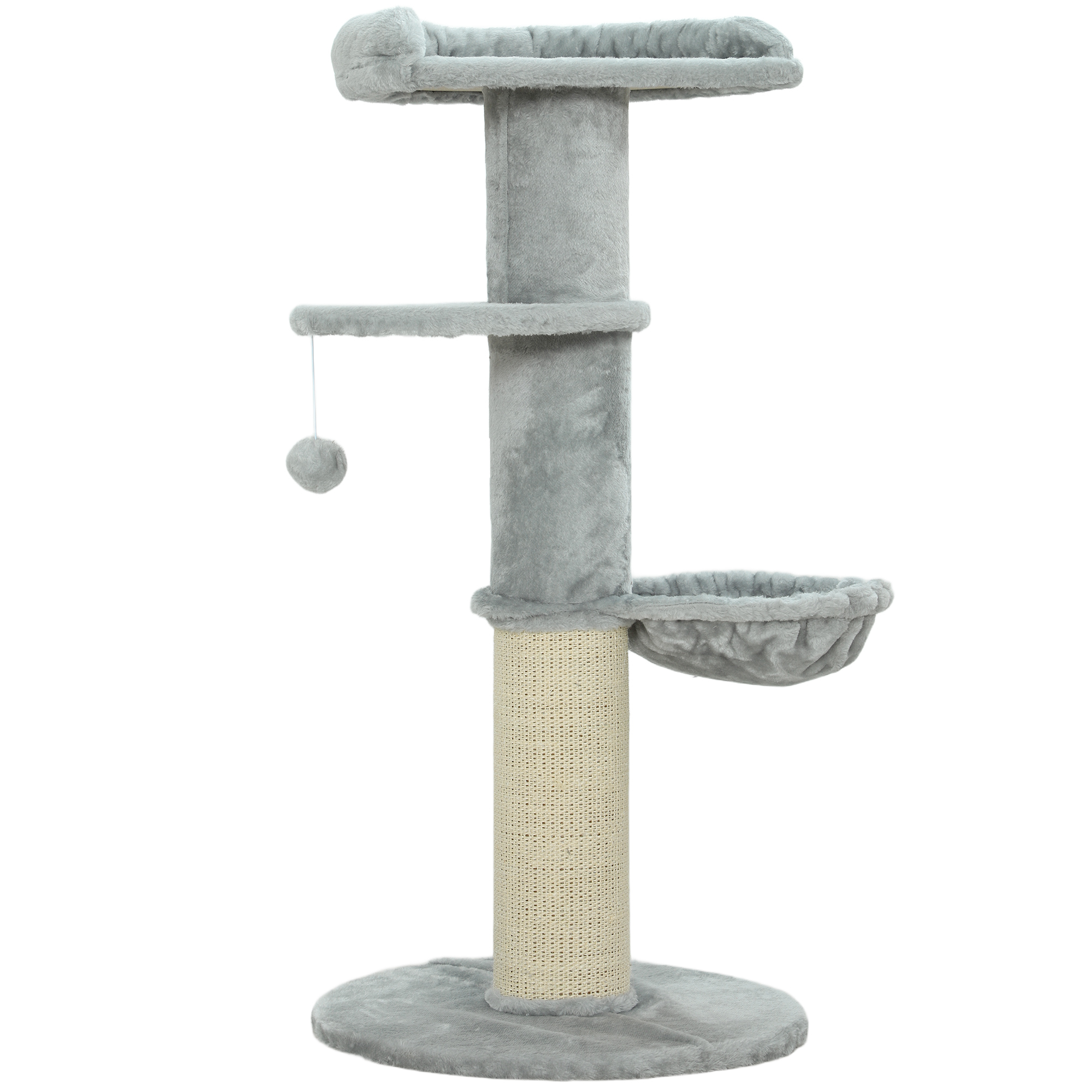 PawHut Kratzbaum, 103,5 cm hoch Katzenbaum mit Hängematte, baumelndem Spielball, Katzenkratzbaum mit Sisal-Stamm, Plüsch-Platte, für Katzen unter 6 kg, Hellgrau Aosom