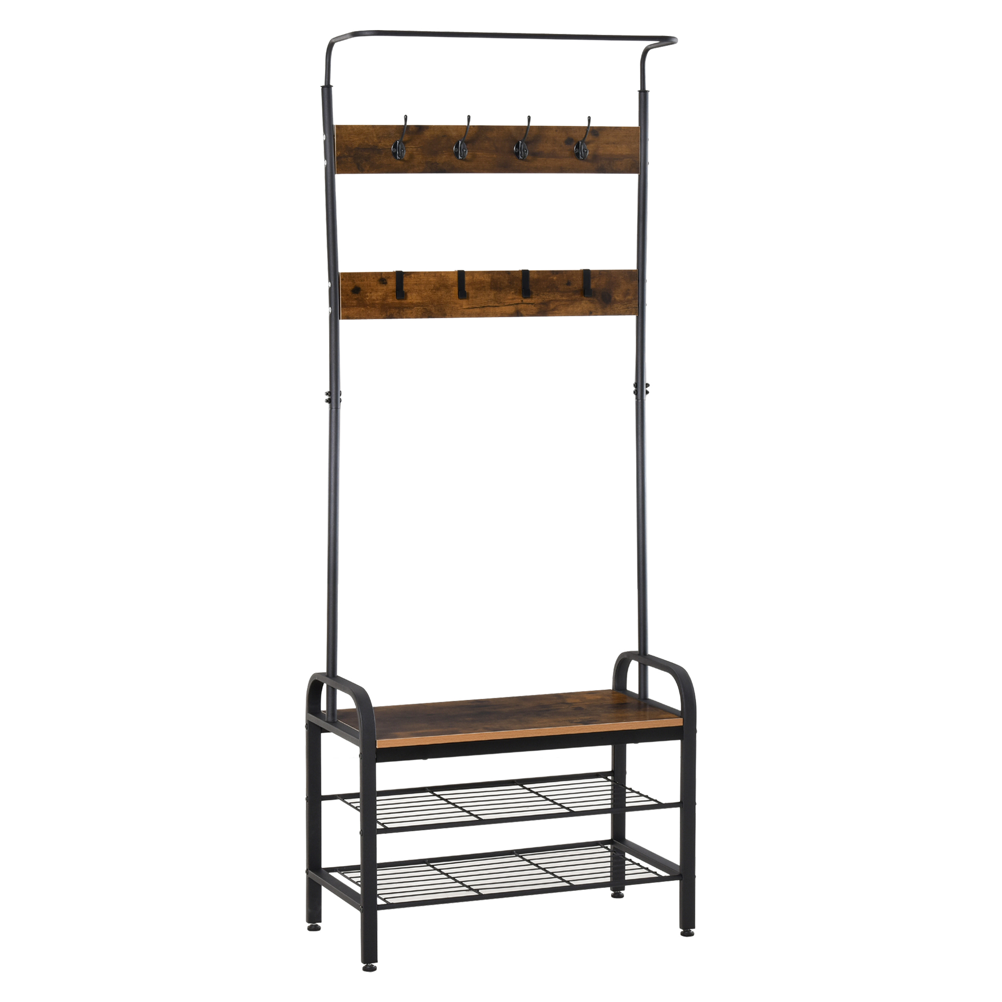 HOMCOM Garderobenständer mit Schuhregal Kleiderständer 8 Haken 2 Ablagen MDF Schwarz 72 x 34 x 185 cm für Flur & Diele Aosom.de