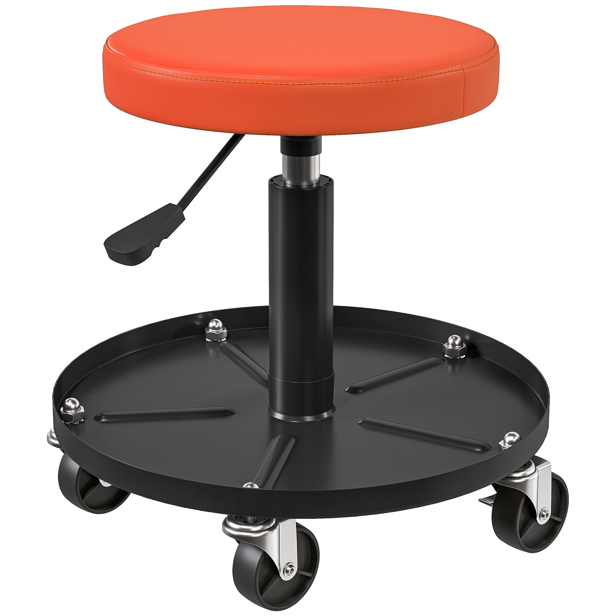HOMCOM Werkstatthocker mit Rollen Ablagefläche höhenverstellbar 38-50cm Rollhocker bis 135 kg belastbar drehbar Arbeitshocker Rollsitz Drehhocker Ø38 cm Werkstattsitz für Werkstatt Orange Aosom