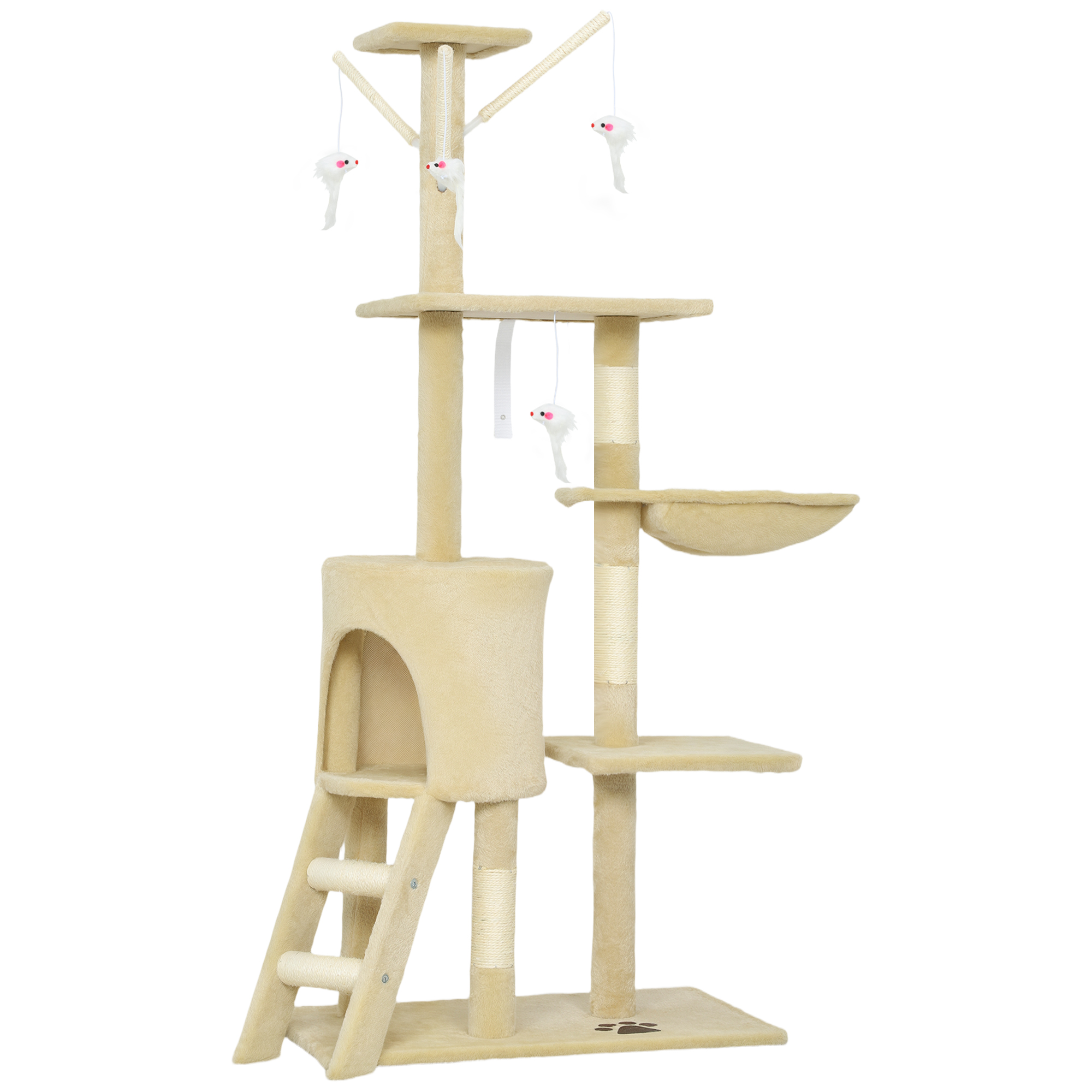 PawHut Kratzbaum 134 cm hoch Katzenbaum mit Höhle, 4 Spielzeuge, Sisalstämme, große Plattform, Treppe, mehrstöckiger Katzenkratzbaum, Kletterbaum, Plüsch, für Katzen unter 5 kg, Beige Aosom