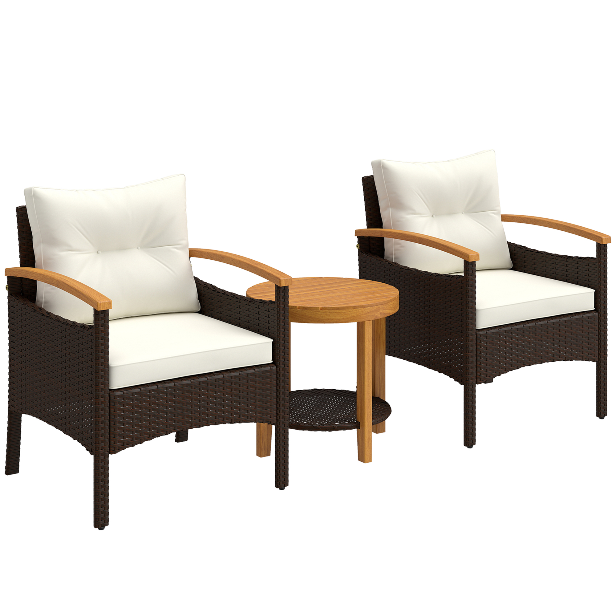 Outsunny Rattan Bistroset 3 teiliges FSC Akazienholz Gartenmöbel-Set mit 2 Sessel, 2-Ebene Tisch & Armlehne, dicke waschbare Kissen, Balkonmöbel-Set Sitzgruppe Gartengarnitur für Garten Cremeweiß Aosom