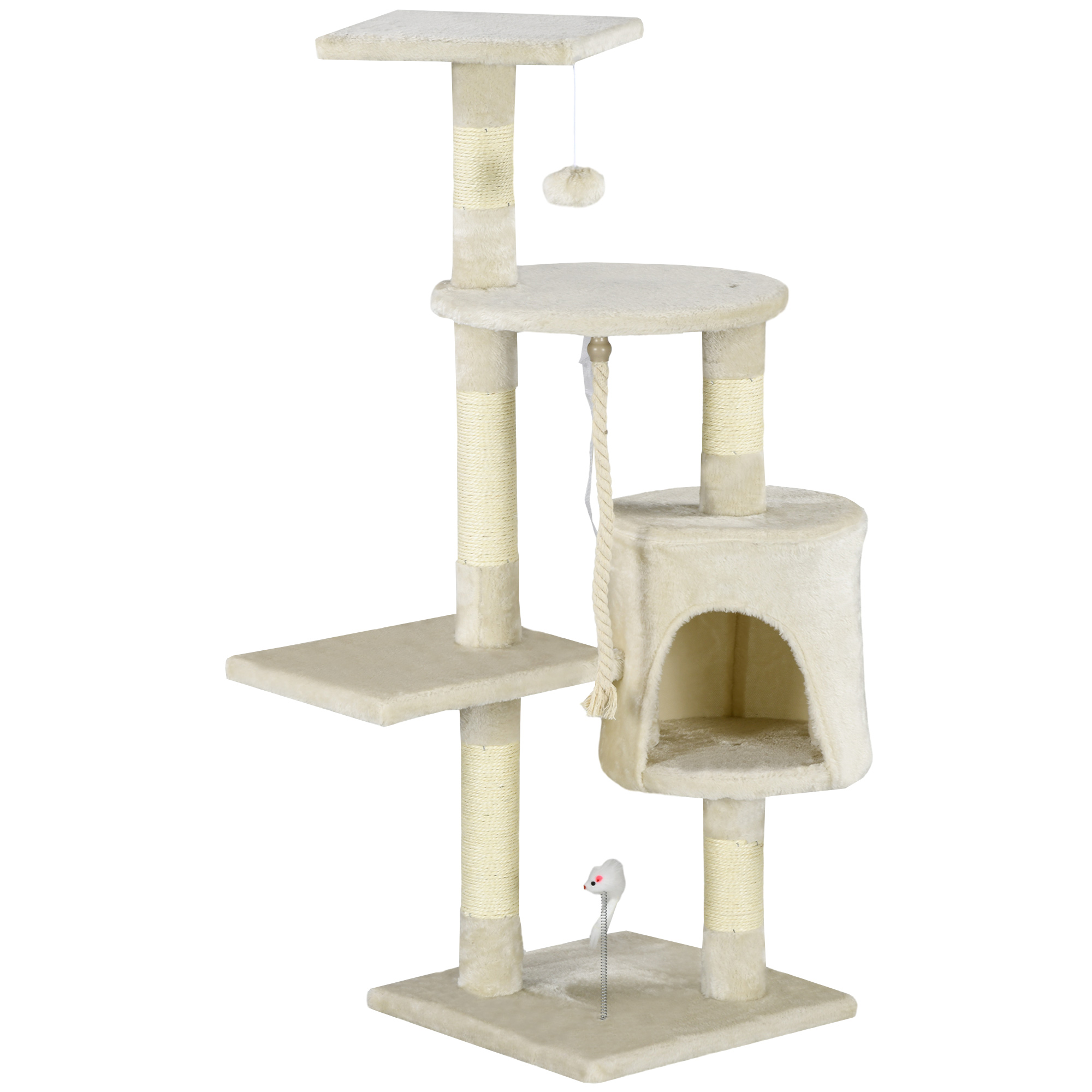 PawHut Katzenbaum, Kratzbaum mit Sisalsäulen, Katzenkratzbaum, Katzen Kletterbaum mit Höhle, Spielbälle, Beige, 75L x 40B x 112H cm   Aosom