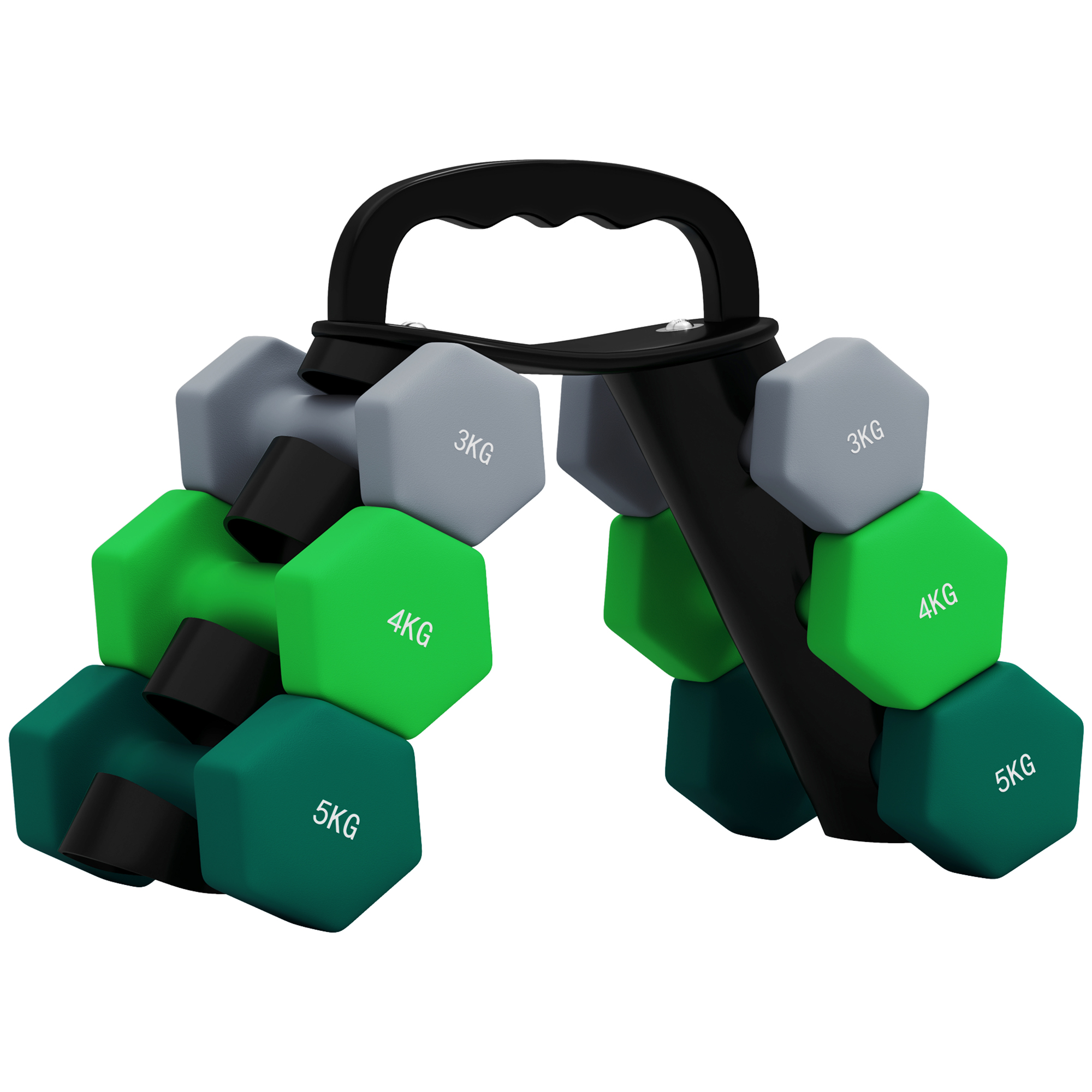 SPORTNOW 6er-Set Kurzhantel 2 x 3 kg, 2 x 4 kg, 2 x 5 kg, Hantel-Set mit Ständer, Hexagon Hanteln Set, für Krafttraining, Fitness Zuhause Gym, Grau+Grün+Türkis Aosom