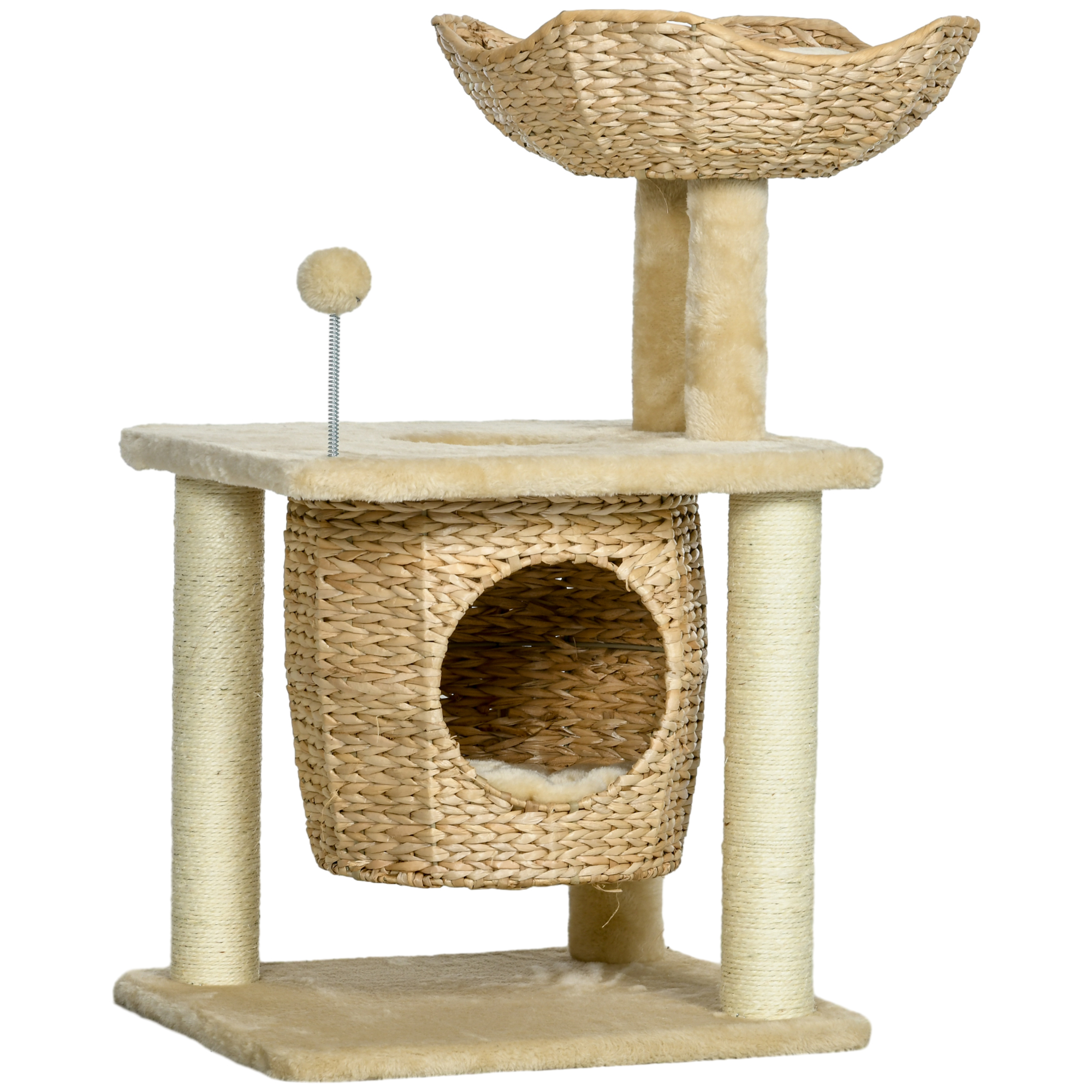 PawHut Katzen Kratzbaum Klein, 74 cm Katzenbaum mit Katzenhöhle, Spielball, Indoor Kletterturm mit Bett, Kratzmöbel für Katzen bis 5 kg, Beige Aosom