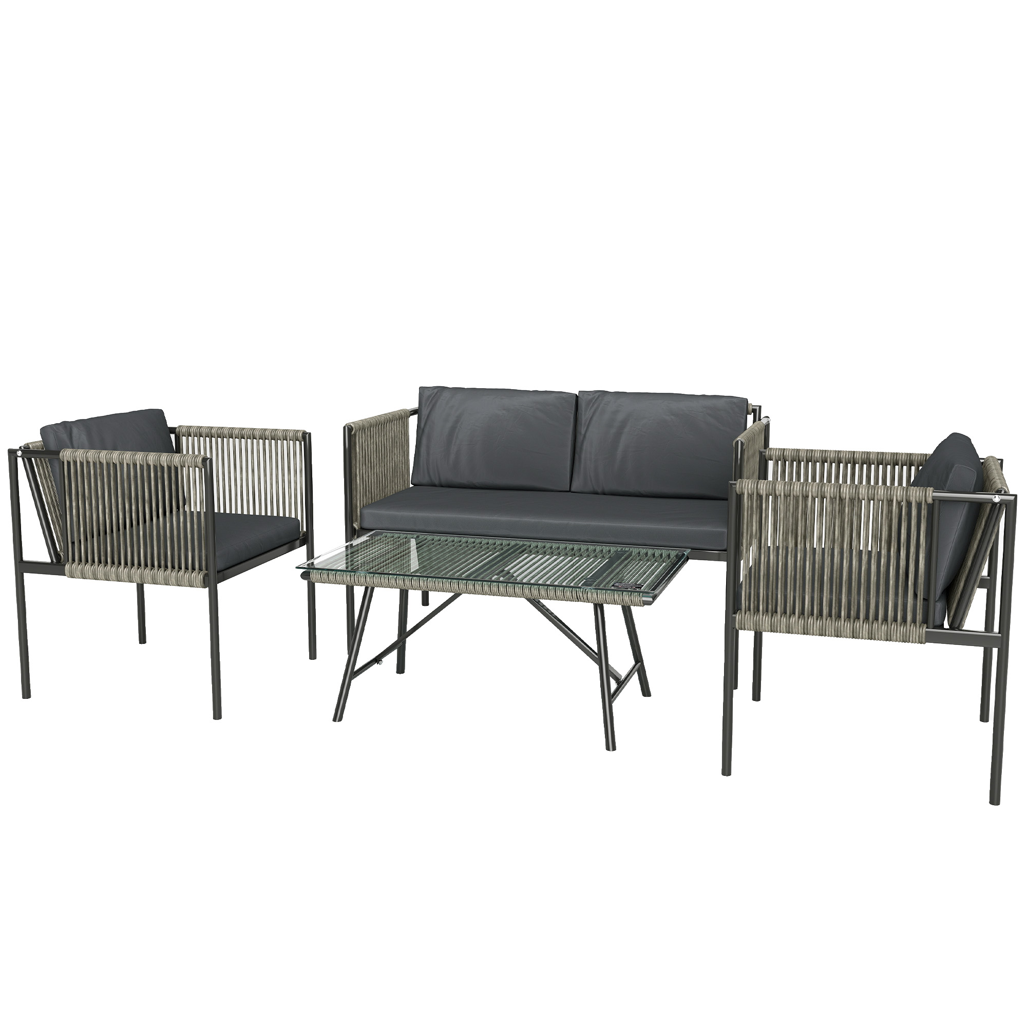 Outsunny Gartenmöbel Set aus Polyrattan Lounge-Set mit 2er Sofa Sessel Glastisch Kissen wetterfest Balkonmöbel für 4 Personen Outdoor Sitzgruppe Terrassenmöbel für Garten Balkon Grau Aosom