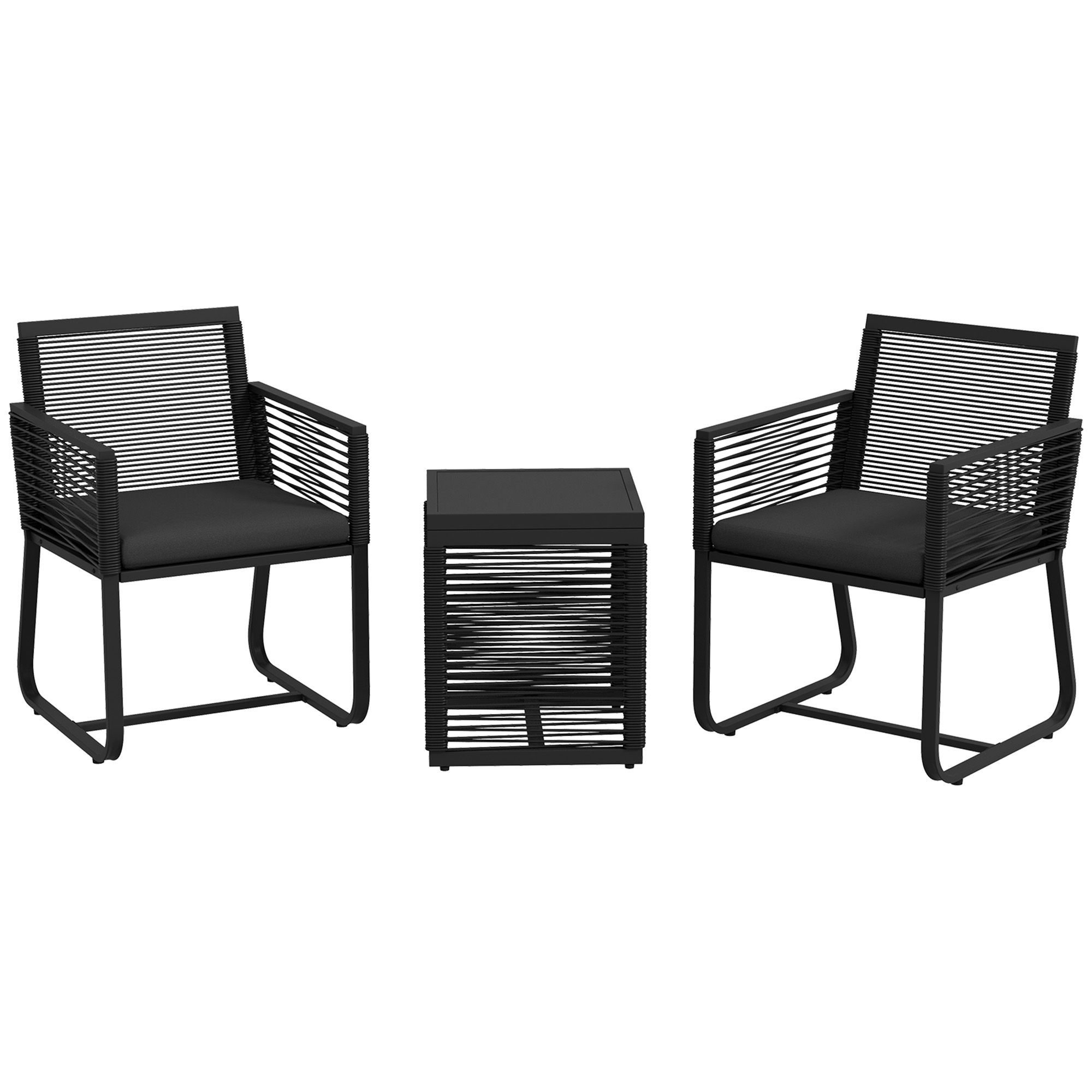 Outsunny 3-teiliges Rattan Gartenmöbel-Set elegante Sitzgruppe mit 2 Gartenstühlen & Beistelltisch aus Hartglas mit Kissen für Balkon Schwarz Aosom.de