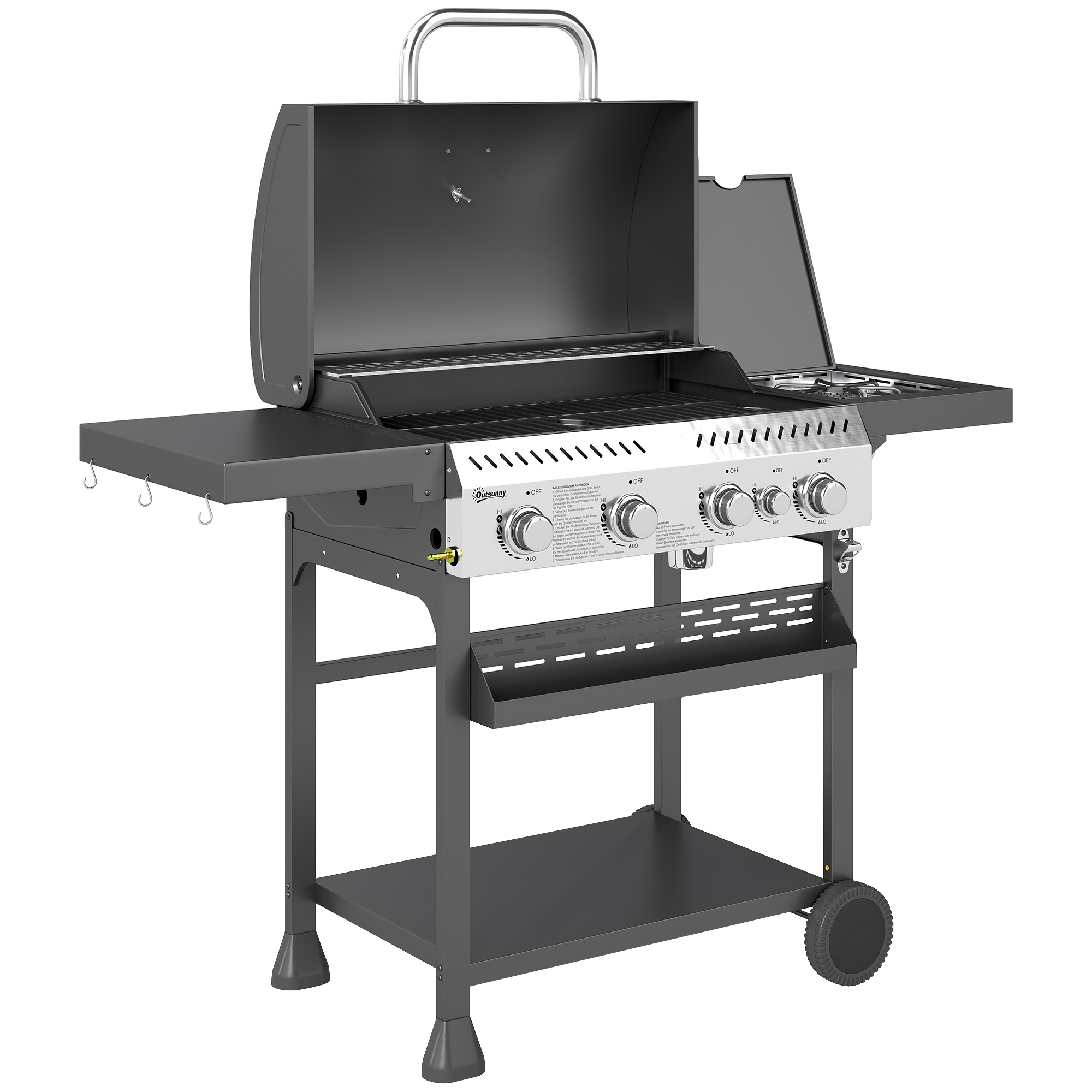 Outsunny Gasgrill 12 KW 4+1 Brenner BBQ Grillwagen aus Edelstahl inkl Seitenbrenner Thermometer Grillrost Kochfeld Flaschenöffner Seitenablagen Gas-Grill für Balkon Camping 135 x 55 x 103cm Aosom