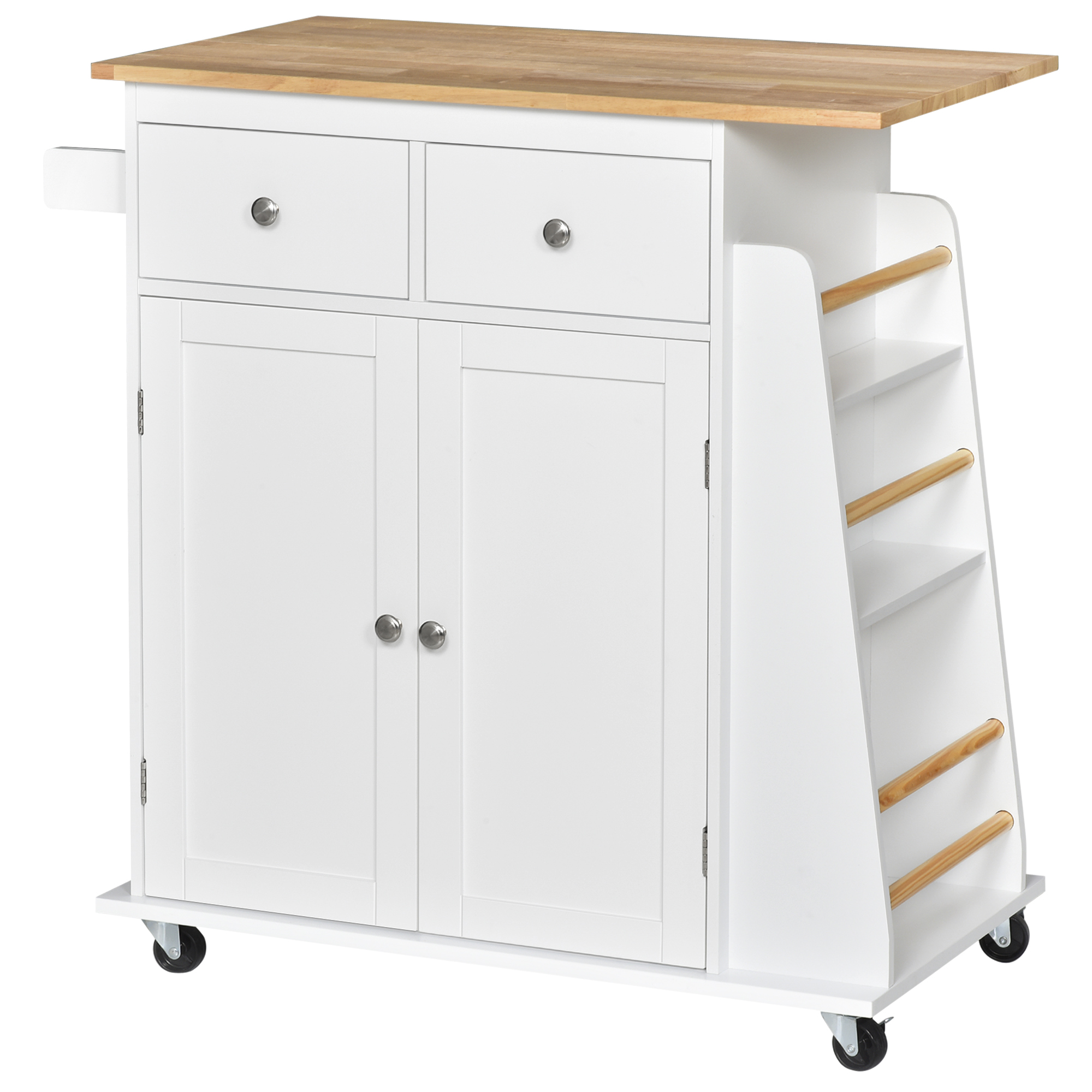 HOMCOM Servierwagen Küchenwagen mit Rollen,Seitenregal und Gewürzregal, Küchenhilfe, P2 MDF, Gummiholz, Weiß+Natur, 89 x 45 x 89,5 cm Aosom
