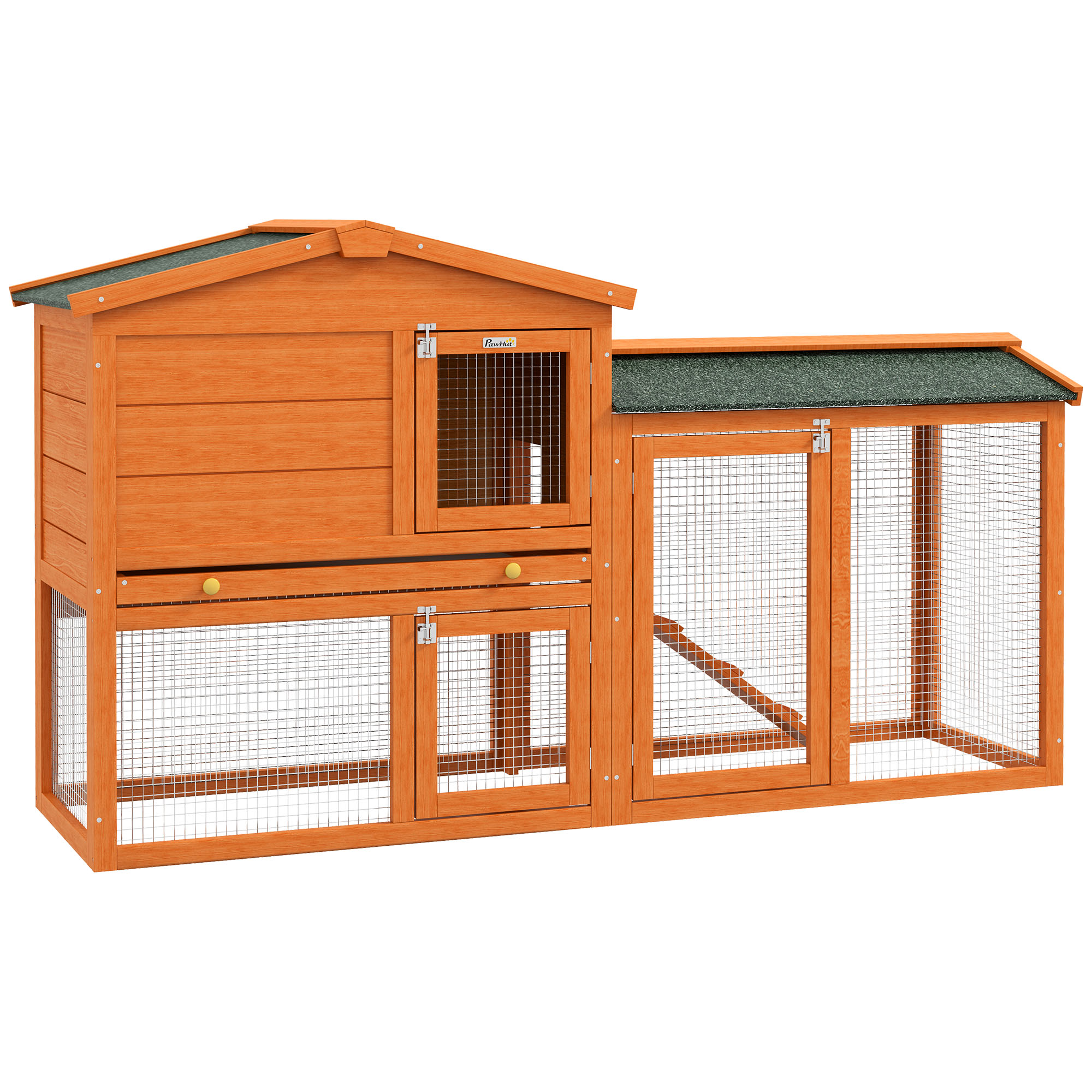 PawHut Hasenstall 2 Ebenen Kaninchenstall aus Tannenholz Winterfest Doppelstockhaus mit Freilaufgehege Wanne Rampe 150x45x85 cm Kaninchenkäfig Outdoor Kleintierstall für Hasen Meerschweinchen Orange Aosom