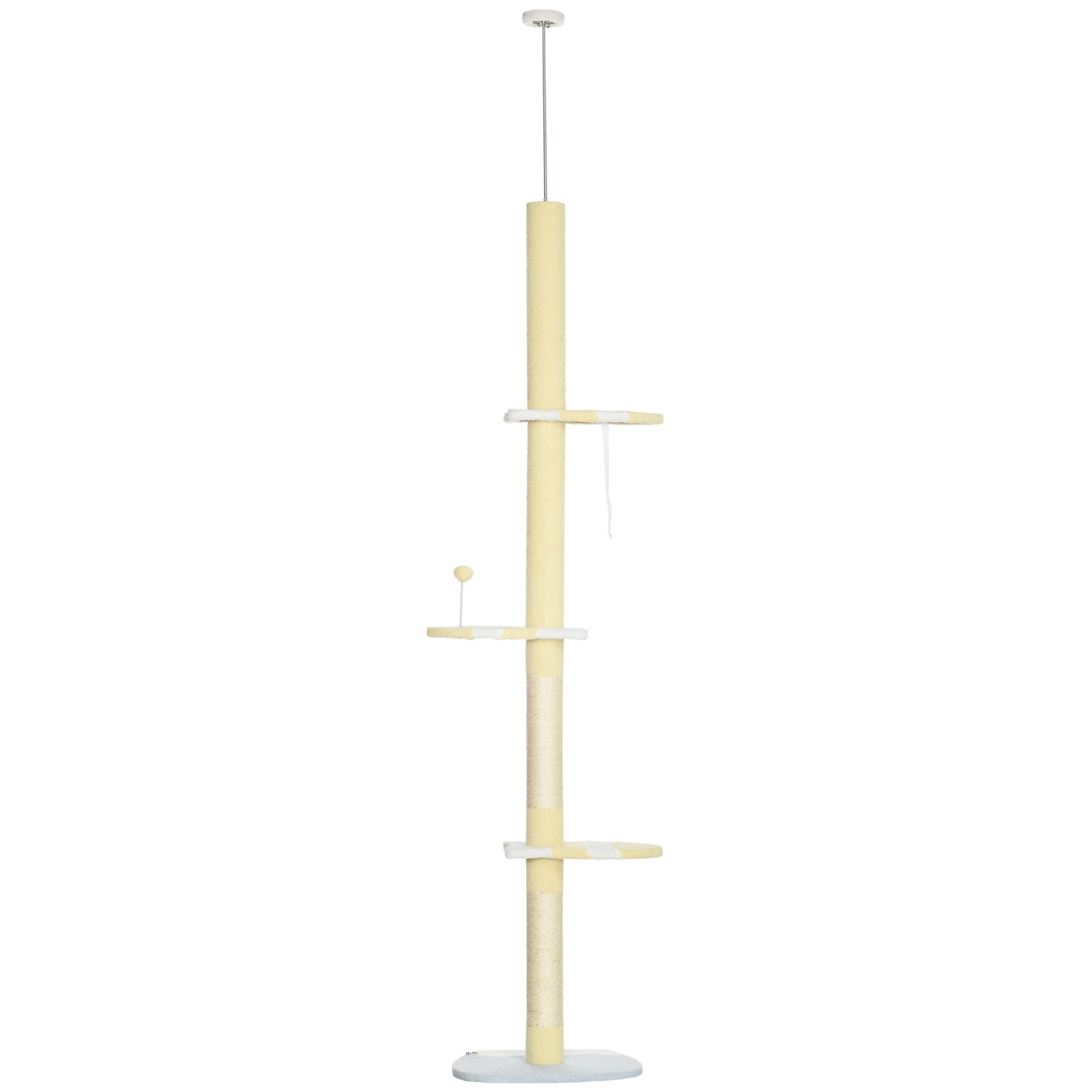 PawHut Kratzbaum, Katzenkratzbaum Deckenhoch, 220-260 cm, Kletterbaum mit Spielball, Katzenbaum Höhenverstellbar, Spielbaum mit Kippschutz, Plüsch, Gelb Aosom