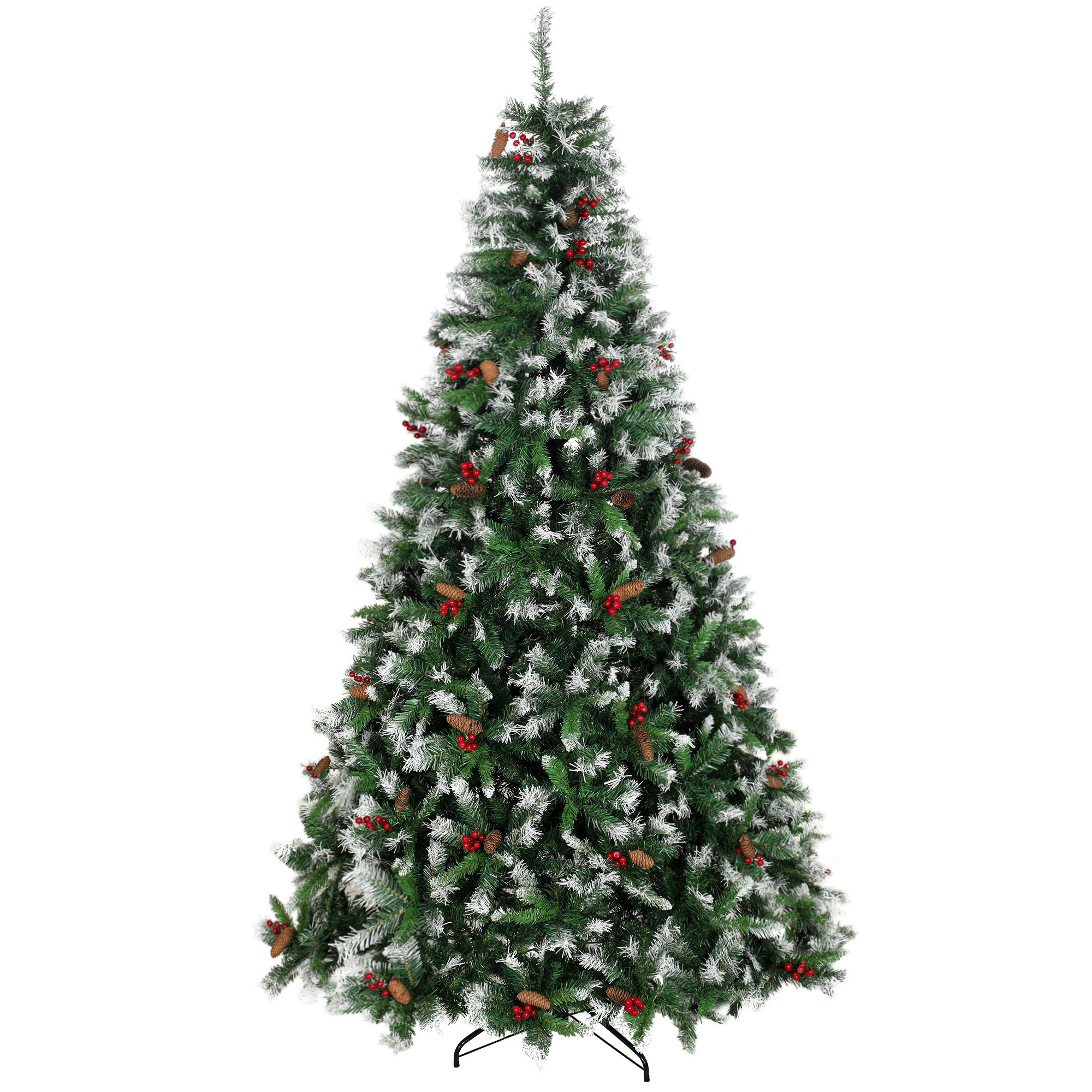 HOMCOM Weihnachtsbaum 240 cm, künstlicher verschneiter Tannenbaum mit 1773 Zweigspitzen, rote Beeren, Zapfen, klappbarer Stahlfuß, schnelle Montage, Weihnachtsdekoration für Wohnzimmer, Innen, Grün Aosom