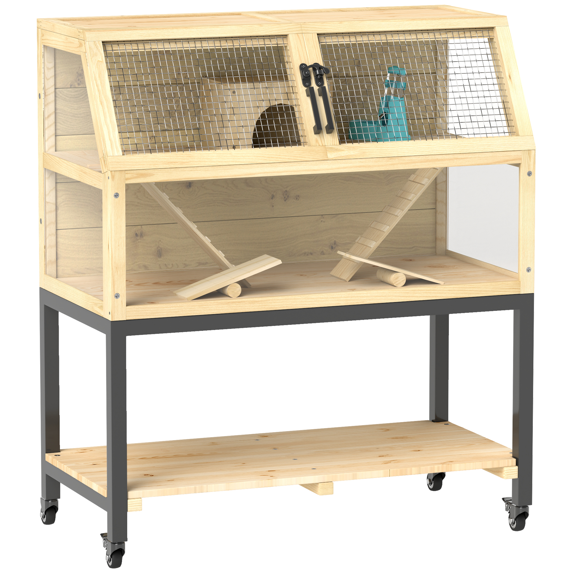 PawHut Zwerghamsterkäfig aus Holz, 87 x 43 x 101 cm Nagerkäfig mit Ablagefläche, Wasserflasche, Hütte, Wippen, Kleintierkäfig mit Rädern, Rampen, Naturholz Aosom