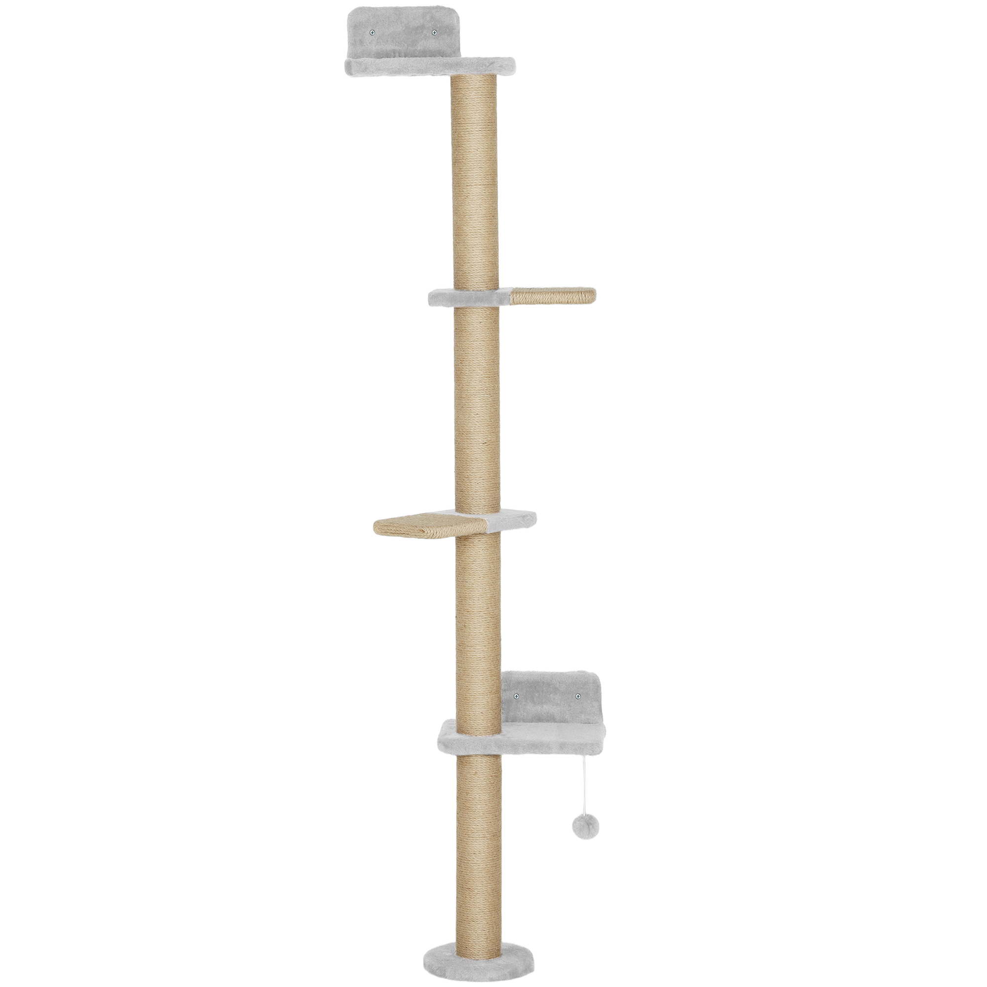 PawHut Kratzbaum 5 Etagen 180 cm Katzenturm wandmontierter Katzenbaum mit Kratzsäulen Spielball Sprungplatte für Katzen zum Klettern, Kratzen Hellgrau Aosom