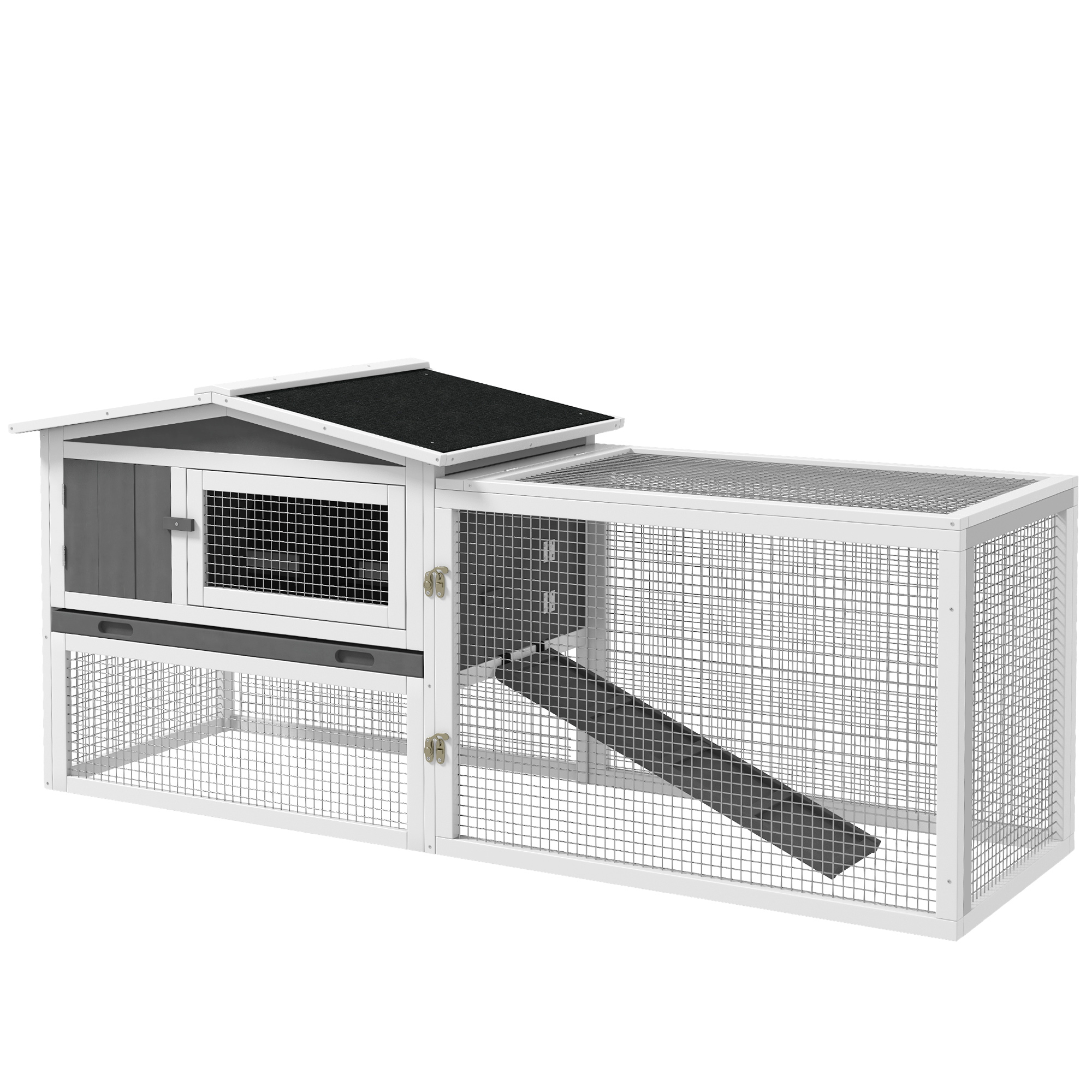 PawHut Kaninchenstall für Zwergkaninchen Hasenstall mit Freilaufgehege Bodenwanne, Rampe, Kleintierstall aus Holz Meerschweinchen Gehege mit 2 Etagen, Sichtfenster, 156x58x68 cm, Hellgrau Aosom