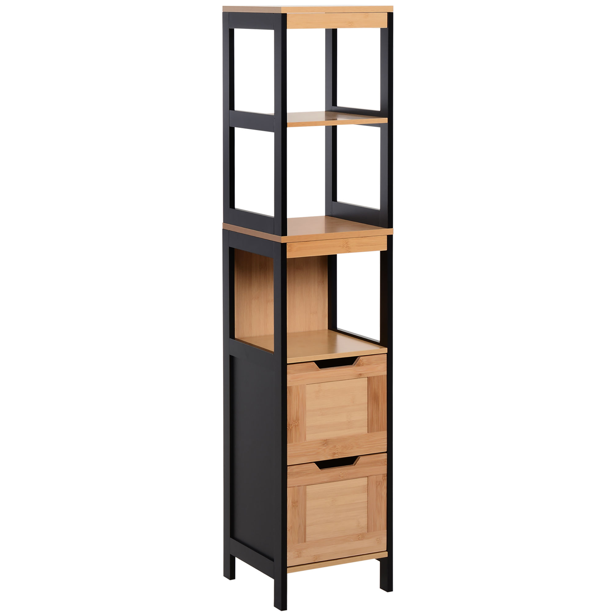 kleankin Badezimmerregal, Badeschrank, Küchenschrank, 2 Schubladen, 3 Ablagen, Bambus MDF, 30 x 30 x 144,3 cm Aosom