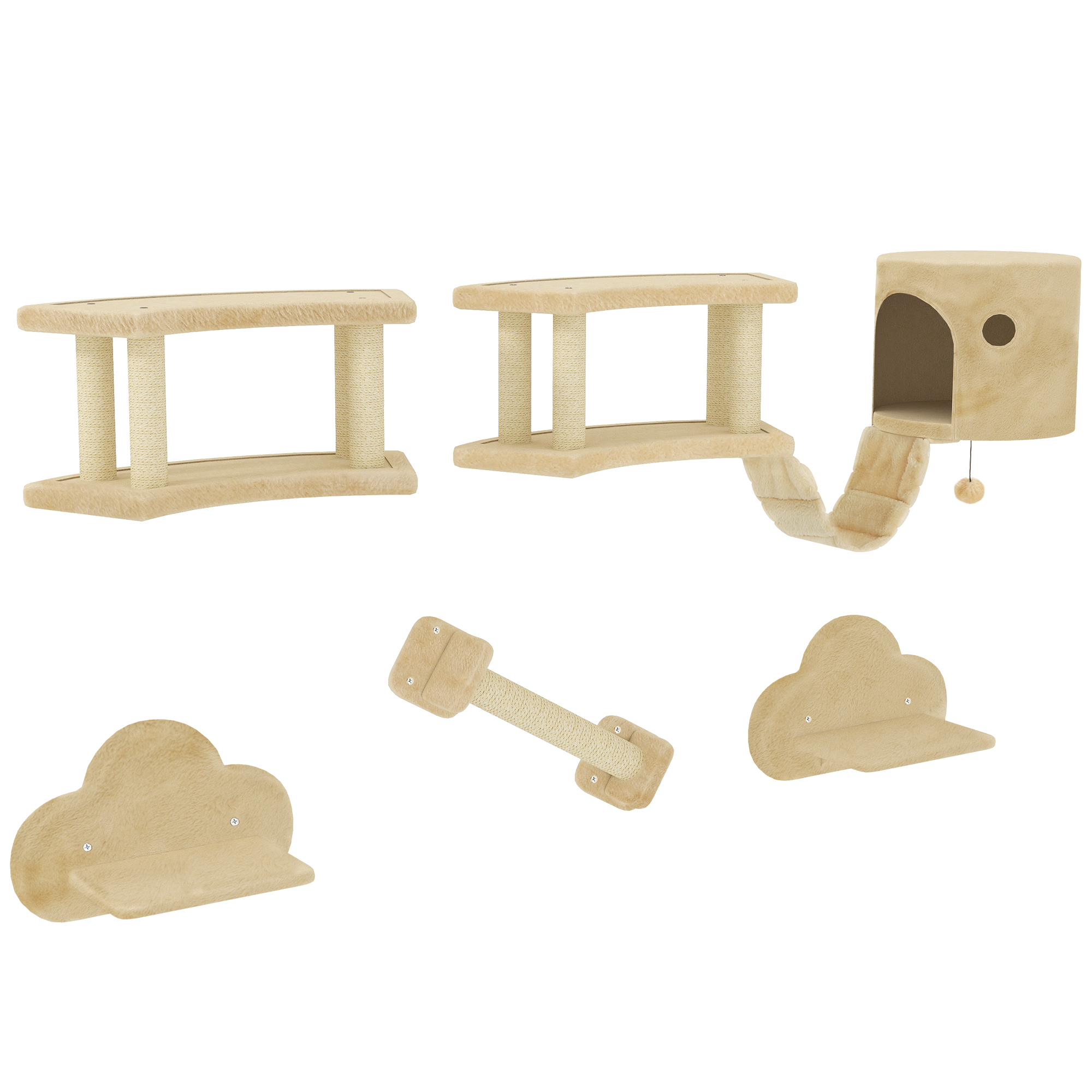 PawHut Katzen Kletterwand Set, 5-teilig Katzenmöbel mit Kratzstamm, Sprungplattformen, Leiter, Haus, Katzen-Wandgerüst, für Katzen bis 5 kg, Plüsch, Beige Aosom