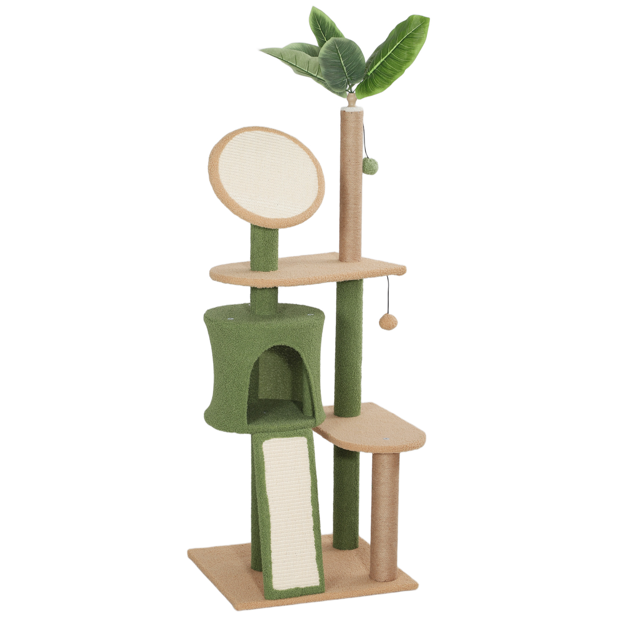 PawHut Kratzbaum 139 cm Katzenbaum mit Katzenhöhle, Spielball, Katzenkratzbaum mit Sisal-Kratzsäulen, für Katzen bis 5 kg, Grün Aosom