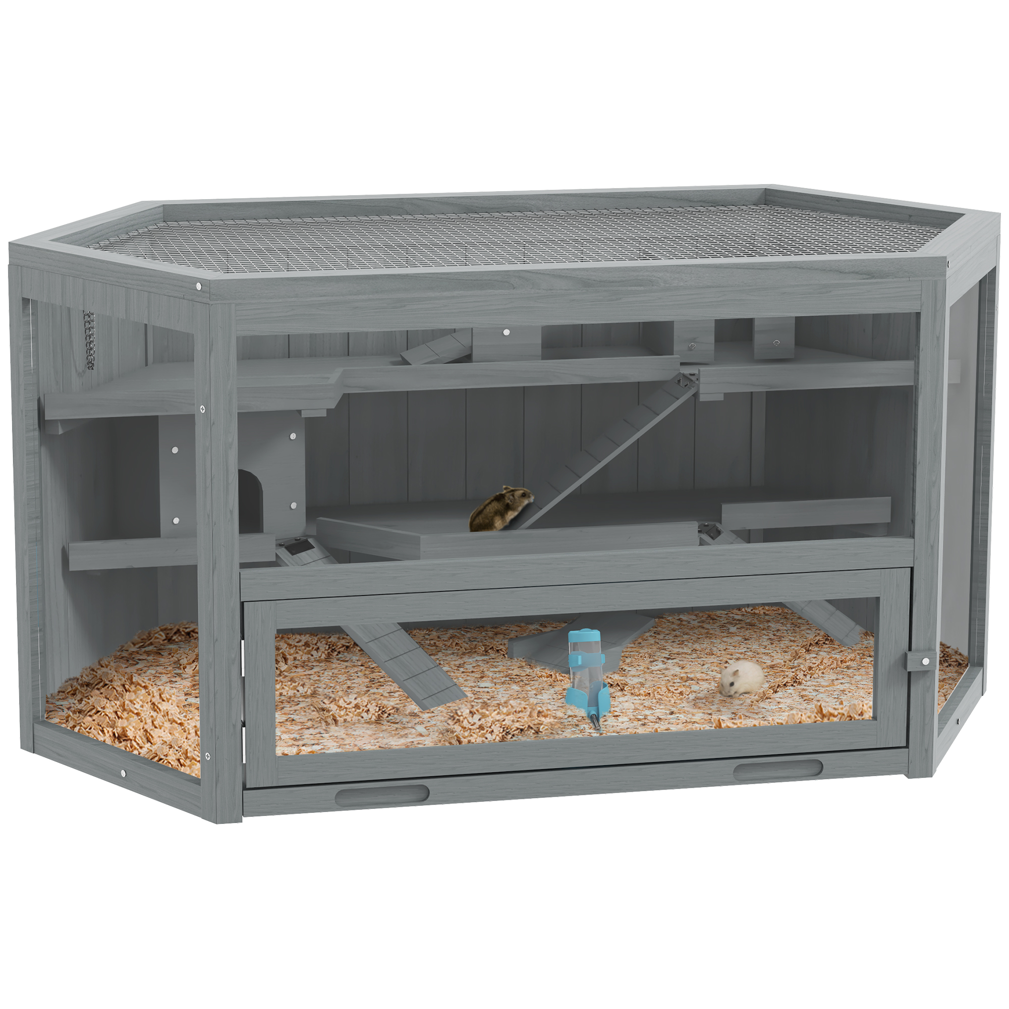 PawHut 3 Etagen Nagerkäfig, 6-eckig Kleintierkäfig, Kleintierhaus aus Holz, Mäusekäfig, Hamsterkäfig mit klappbarem Deckel, Sichtfenster, Rampe, 115 x 60 x 55 cm Grau   Aosom