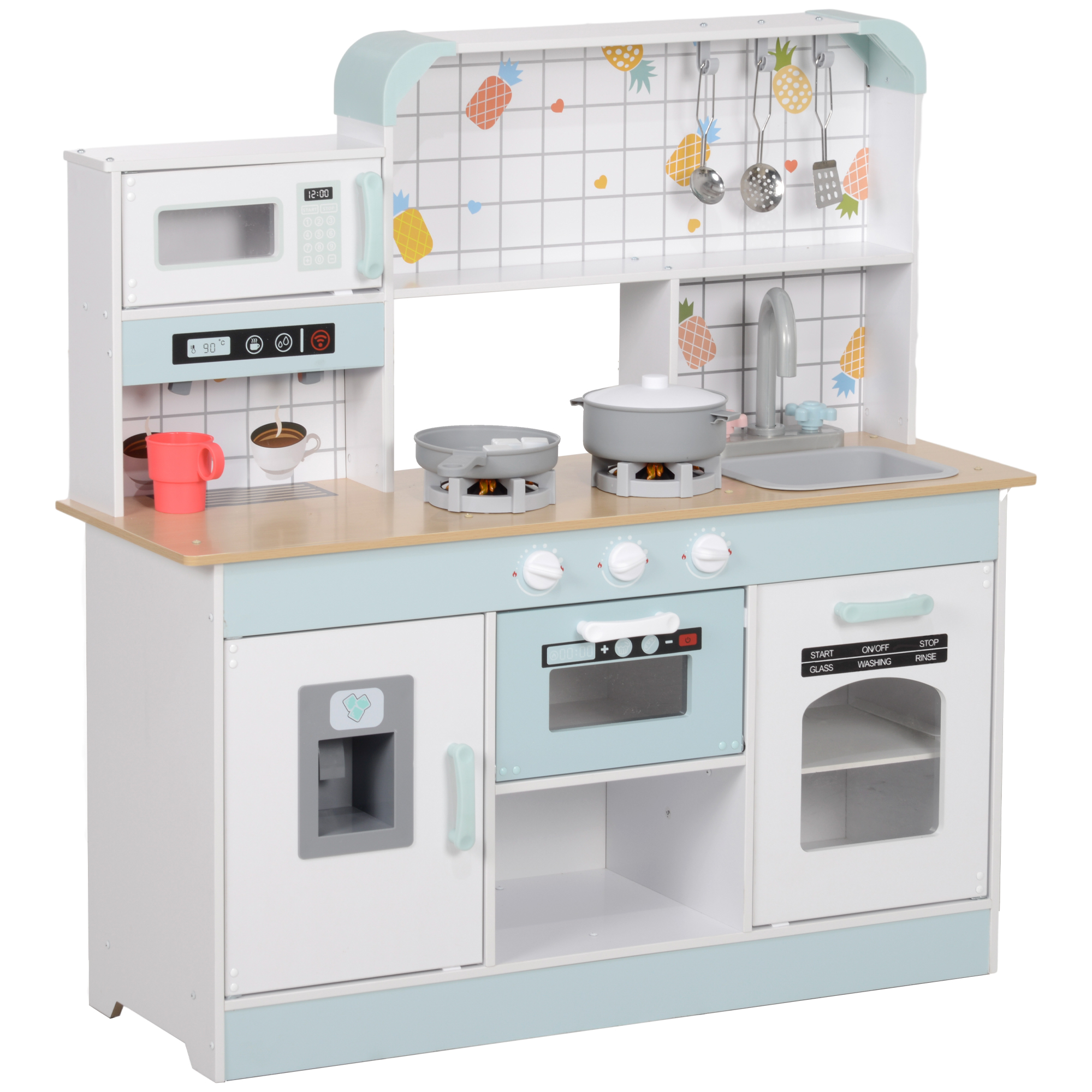 AIYAPLAY Kinderküche Spielküche mit Lichtern, Geräuschen, Kaffeemaschine, Eiswürfelmaschine, Mikrowelle, Ofen, Küchenzubehör, Puppenküche für 3+ Jahre Kinder, Weiß Aosom