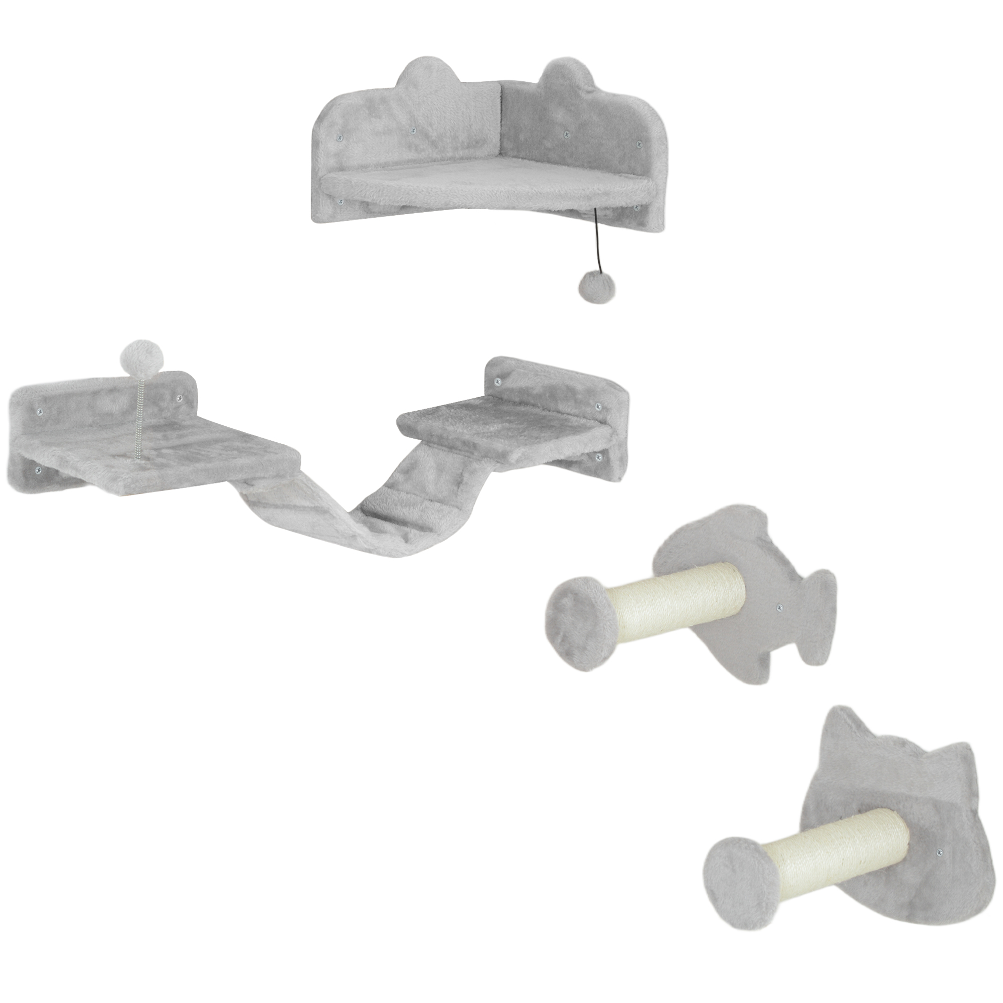PawHut Katzen Kletterwand Set, 4-teilig Katzenmöbel mit Stufen, Leiter, Sprungtürmen, Kratzbäumen, Spielball, Sisal, für Katzen bis 5 kg, Hellgrau Aosom