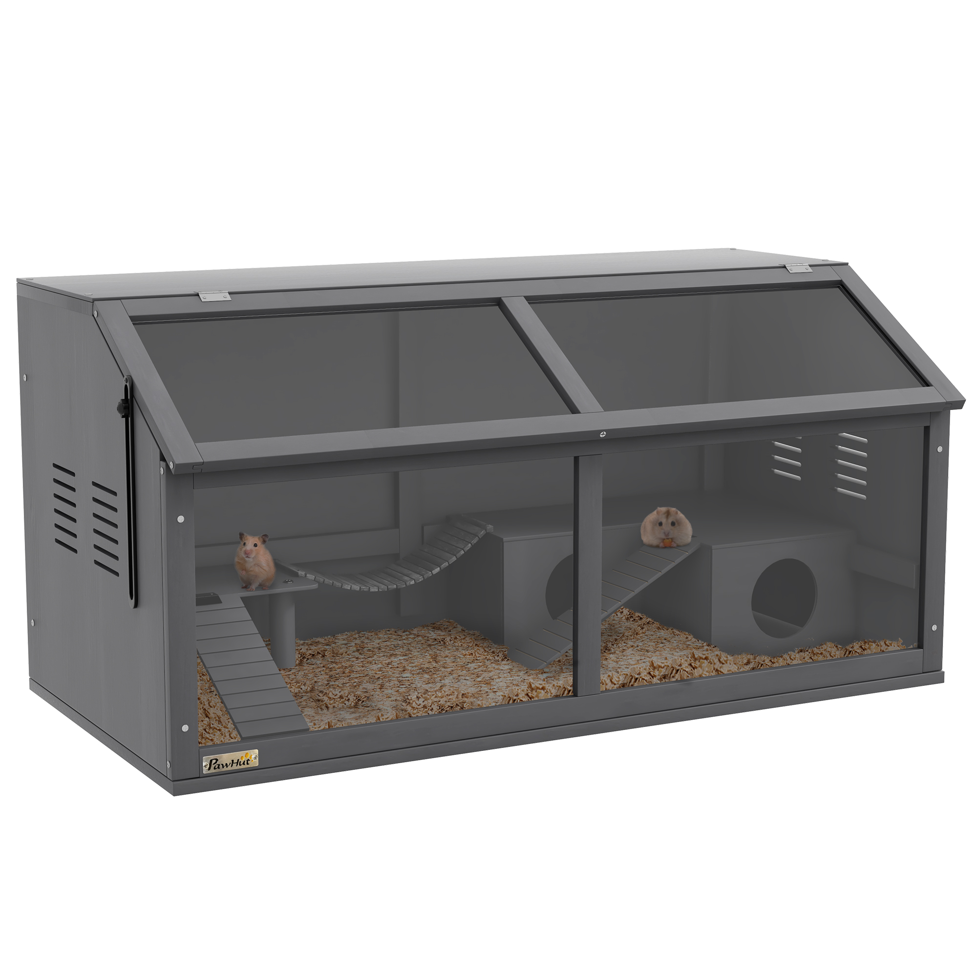 PawHut Hamsterkäfig aus holz, 100cm Nagerhaus, Kleintierstall, Spielhaus mit Hängebrücke, Leitern, zu öffnendes Dach, Hütte, Dunkelgrau Aosom