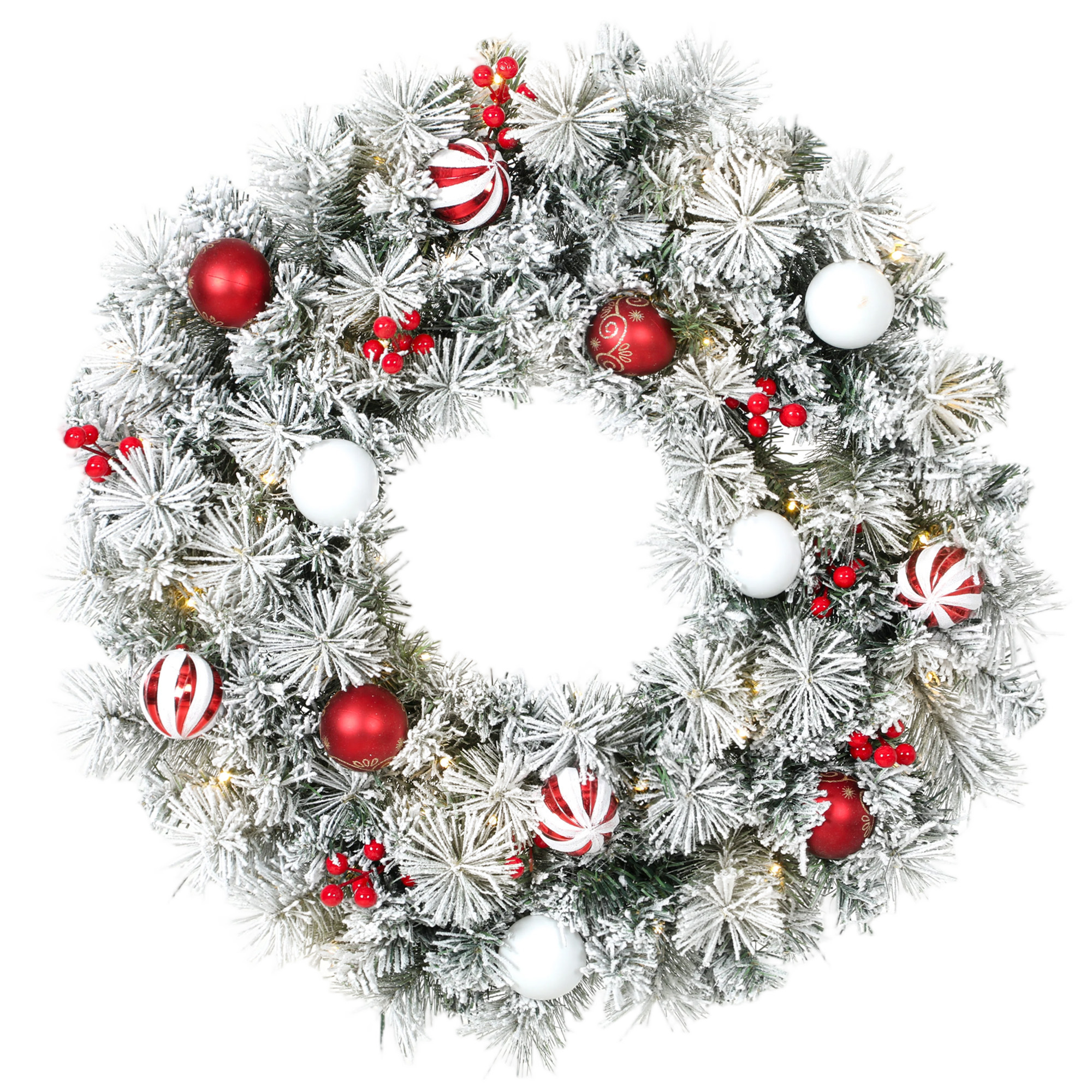 HOMCOM Schneebeflockter Weihnachtskranz 60 cm mit LED-Lichtern (8 Modi), 140 Zweige, 8 Beeren und 15 Dekokugeln, Weihnachtskranz, Weihnachtsdekoration für Tür und Fenster, Grün Aosom