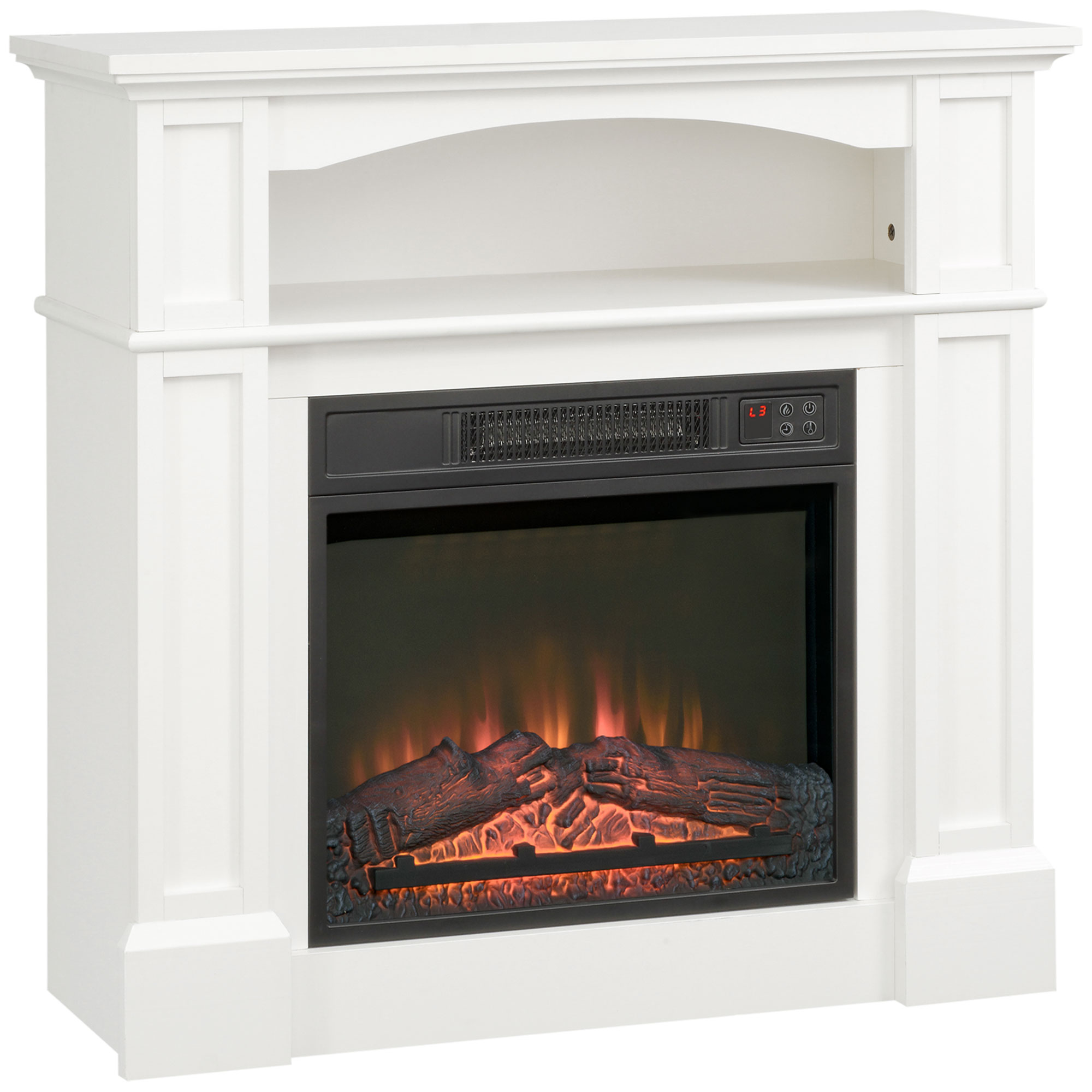 HOMCOM Elektrokamin Standkamin mit Heizung, 3D LED-Flammeneffekt, Regal, 1800 W Elektrischer Kamin mit Fernbedienung, Timer, Überhitzungsschutz für Wohnzimmer, Schlafzimmer, Weiß Aosom