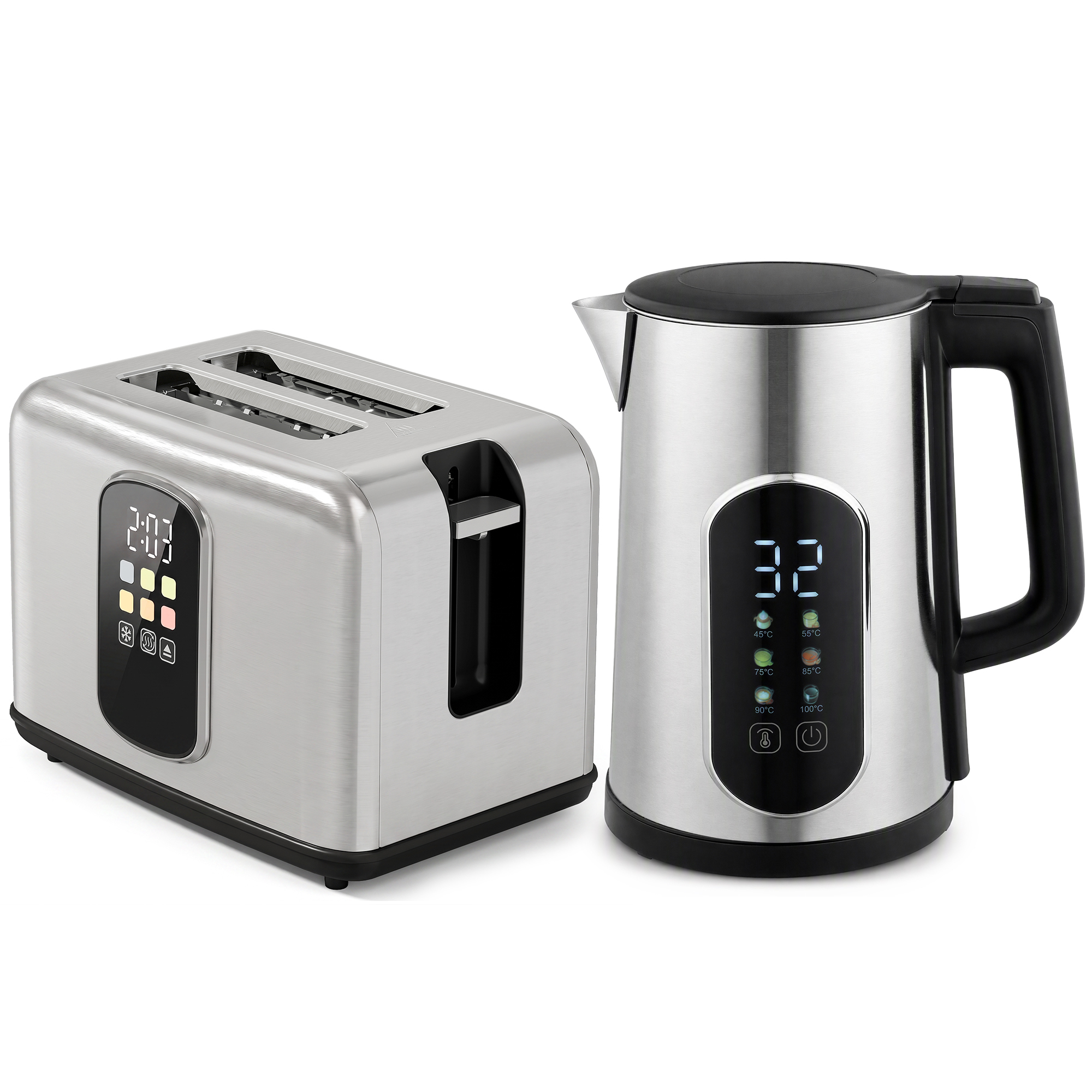 HOMCOM Wasserkocher und Toaster Set, 2200 W, 1,5 L Edelstahl Schnell Wasserkocher mit 45°-100° Warmhalte-& Memory-Funktion, LED-Touchscreen 2 Scheiben Toaster mit 6 Bräunungsstufen, Frühstückset Aosom