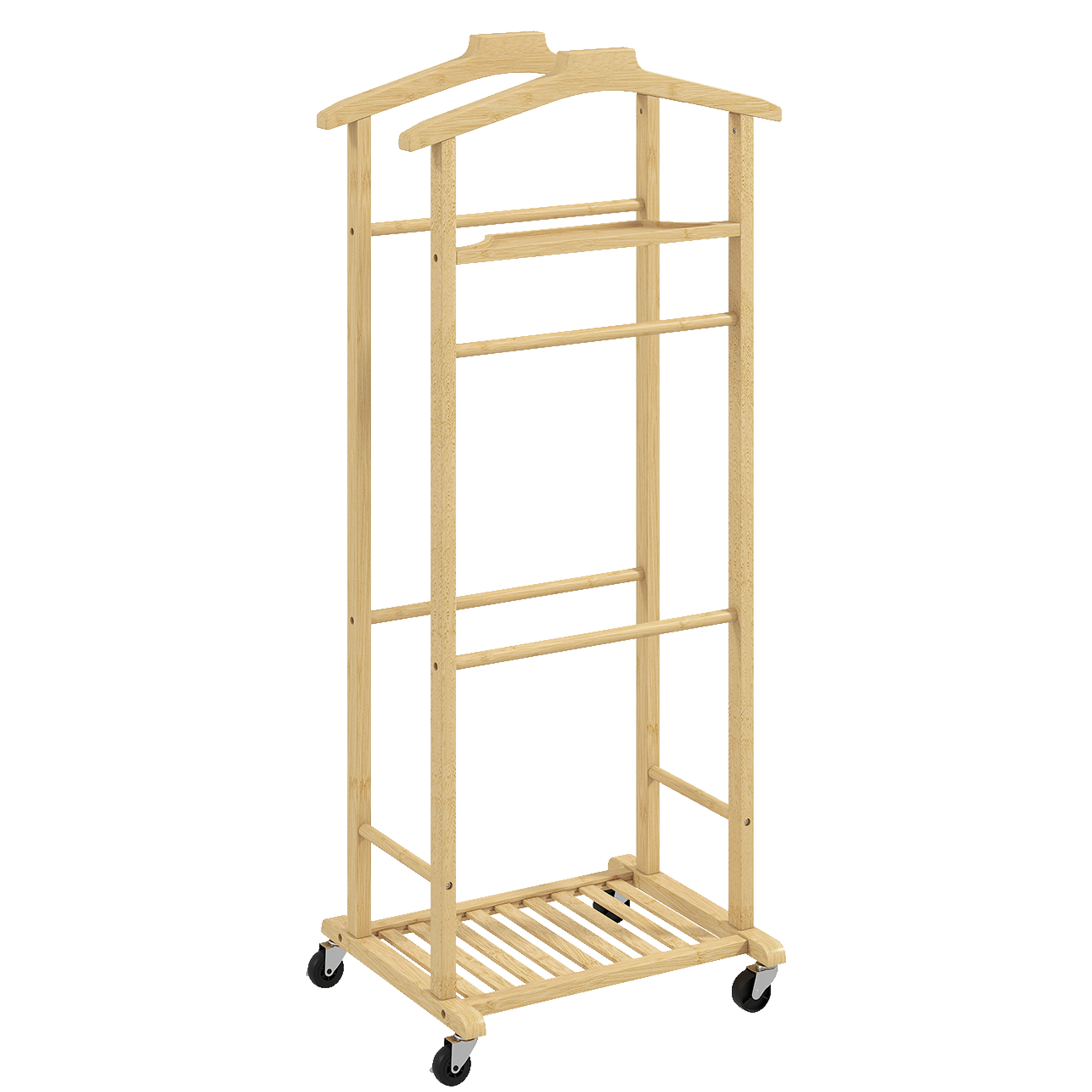 HOMCOM Kleiderständer mit Rollen, Garderobenständer mit Doppelstangen aus Bambus, Schuhablage, Ablagetablett Garderobe mit Hosenhalter für Schlafzimmer, Ausstellungen, Waschküche, Natur   Aosom