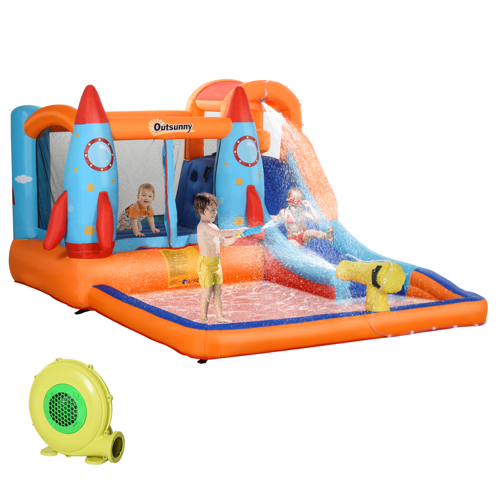Outsunny aufblasbare Hüpfburg, Spielburg mit Rutsche für 4 Kinderburg, mit Gebläse, Spielhaus für 3-8 Jahre, Raketenmuster, Polyester Aosom
