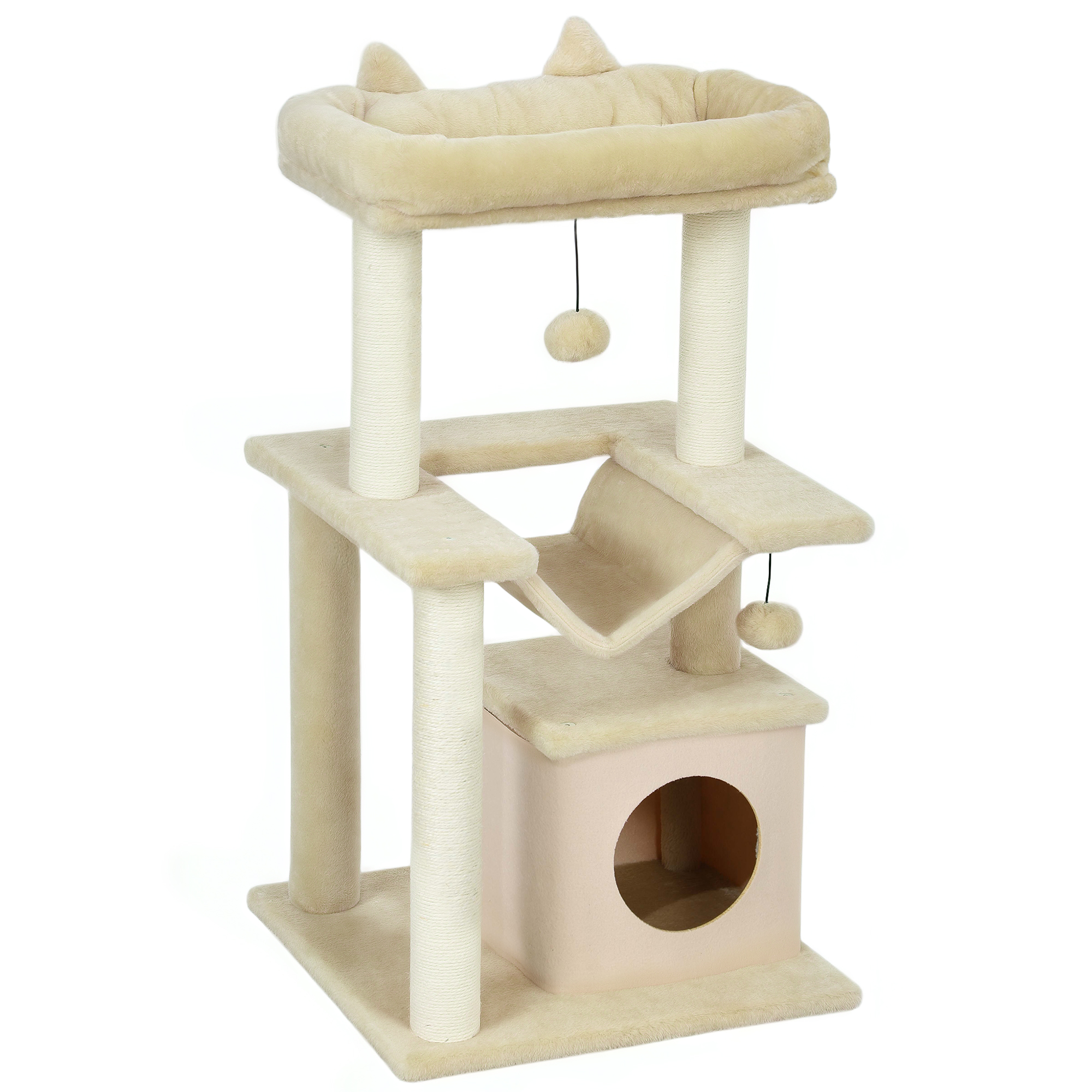 PawHut Katzenbaum 90 cm Kratzbaum mit Hängematte Spielbaum Katzenhöhle Plattformen Kletterbaum Katzenkratzbaum Aktivitätskratzbäum Plüsch Sisal Creme   Aosom