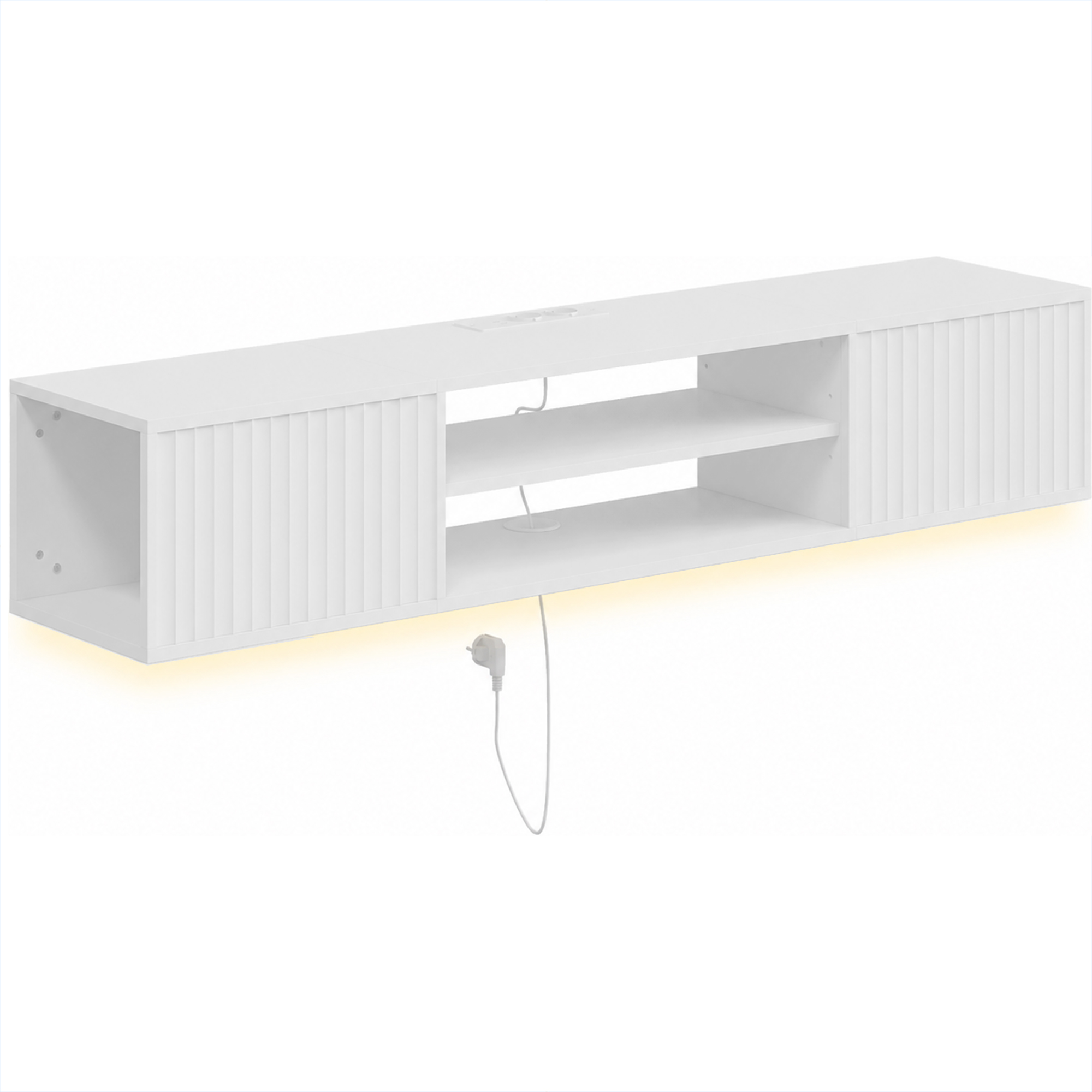 HOMCOM Wand-TV-Möbel, TV-Möbel für bis zu 165,1 cm mit verstellbarem Fach, RGB-LED-Licht, Steckdosen, für Wohnzimmer, Schlafzimmer, 140x29,5x26,5 cm, Weiß   Aosom